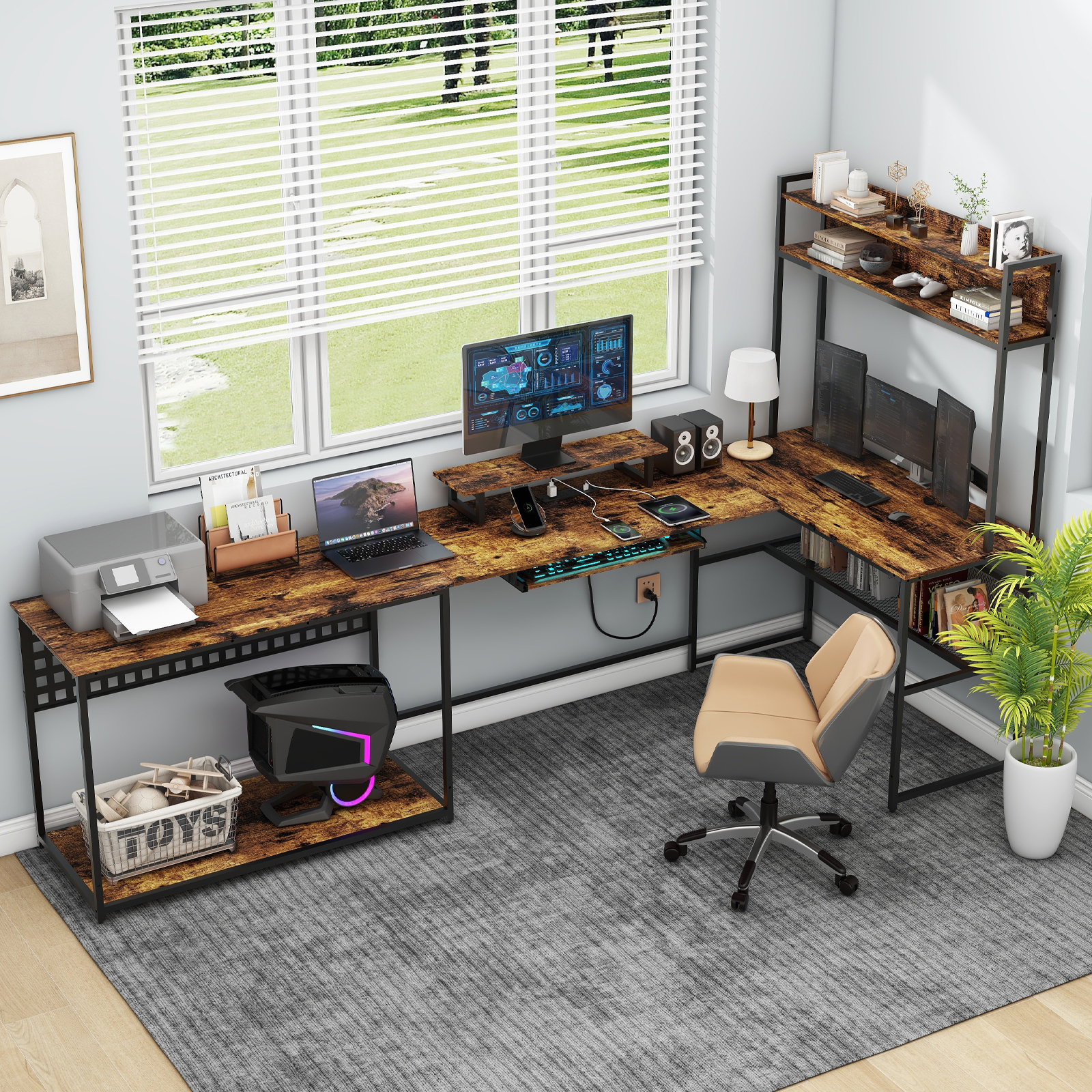Vabches U Shaped Office Desk with LED Lights, L Shaped Desk with Power Outlet and Monitor Stand, Brown