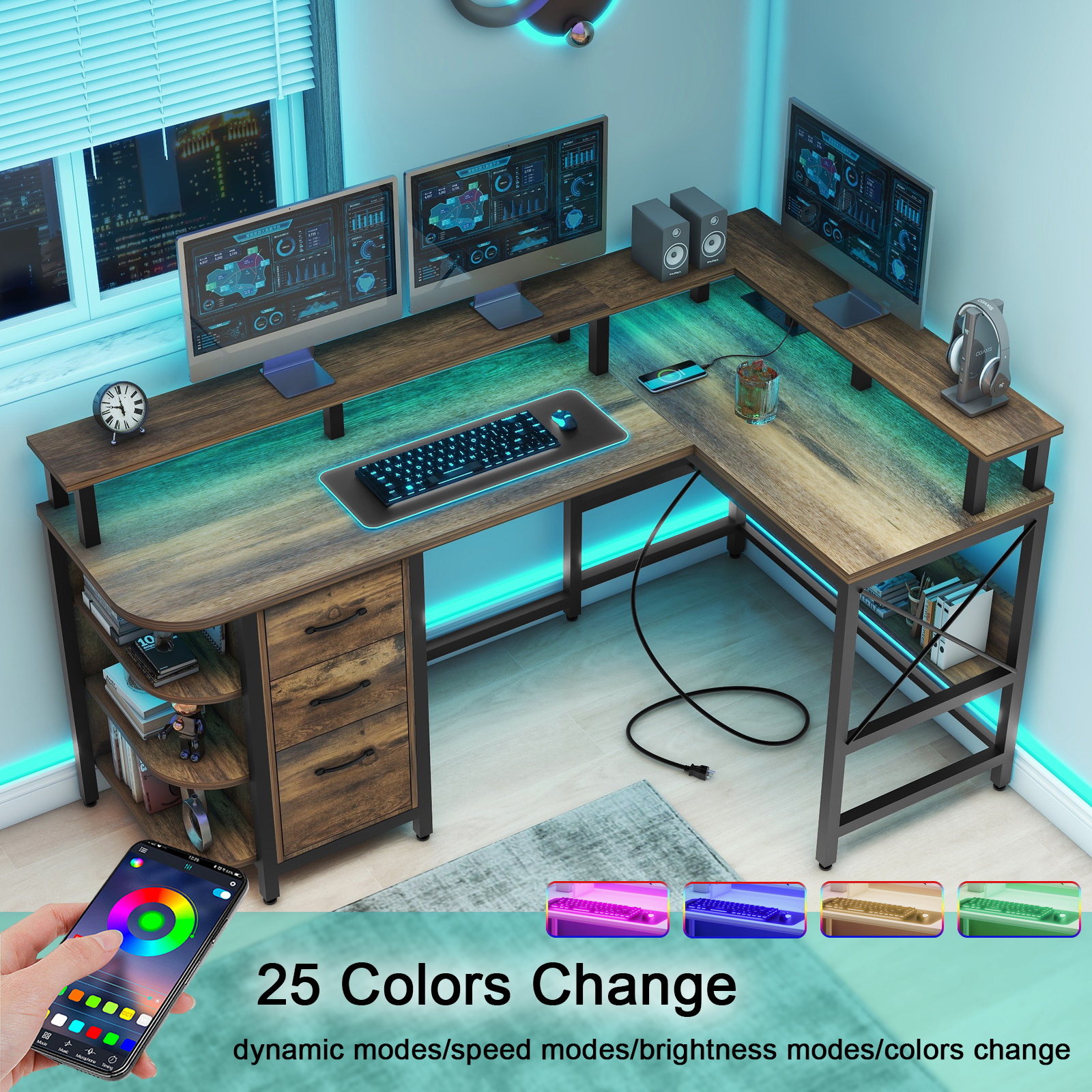 Vabches 67" L Shaped Computer Desk with LED Lights and Power Outlets, Reversible L Shaped Gaming Desk with 3 Drawers Hutch Monitor Stand