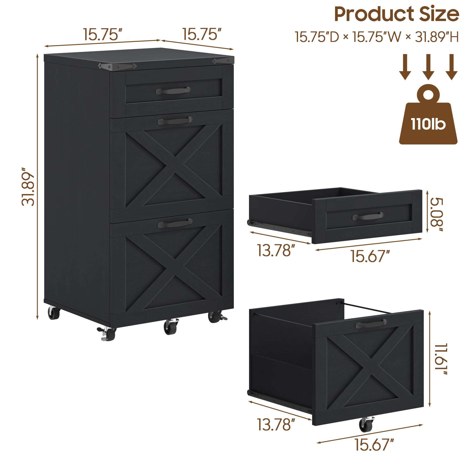 Halitaa Farmhouse File Cabinet with 3 Drawers for Home Office, Black