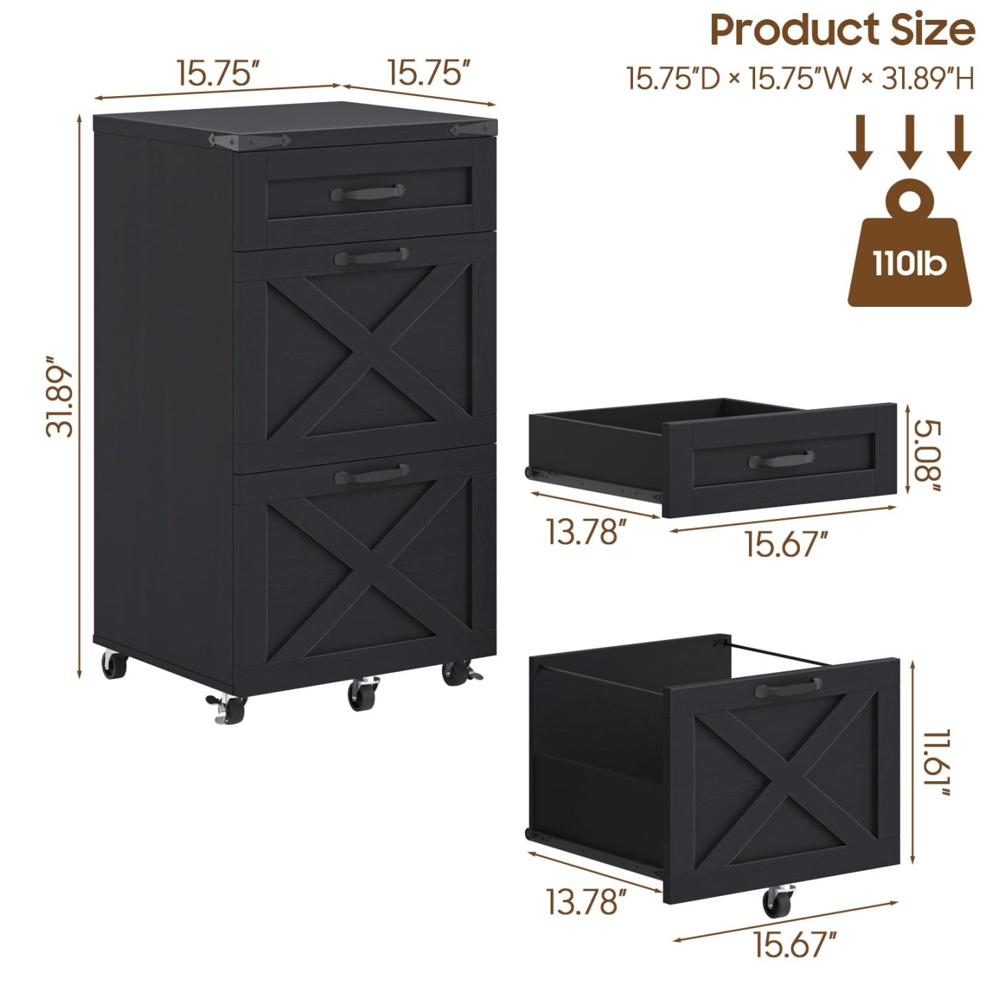 Halitaa Farmhouse File Cabinet with 3 Drawers for Home Office, Black