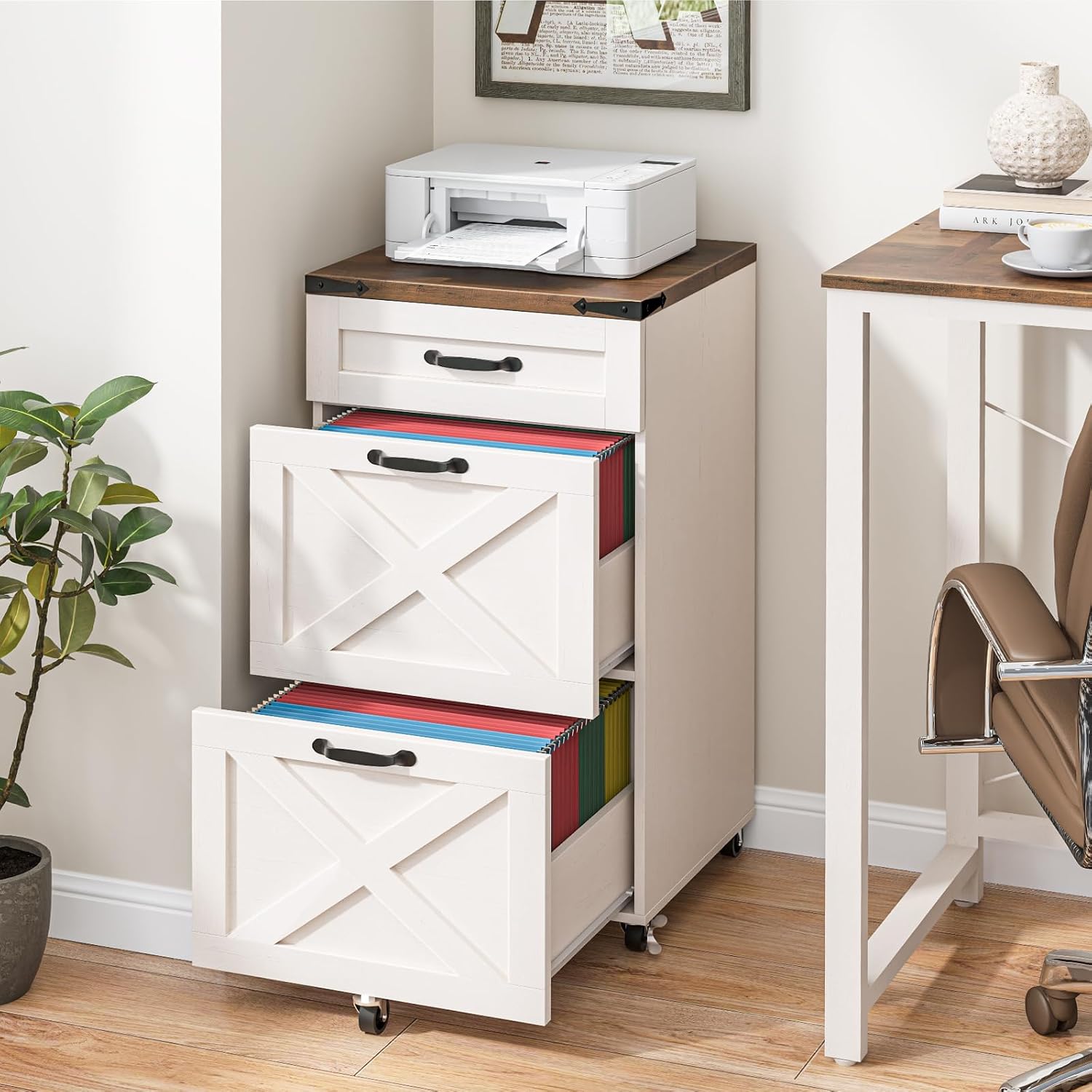 Halitaa 3 Drawers Tall Farmhouse File Cabinet with Wheels for Home Office, Black | Halitaa Vertical Filing Cabinet Fits Letter/A4 Size, Rolling File Cabinet Wooden Printer Stand for Home Office