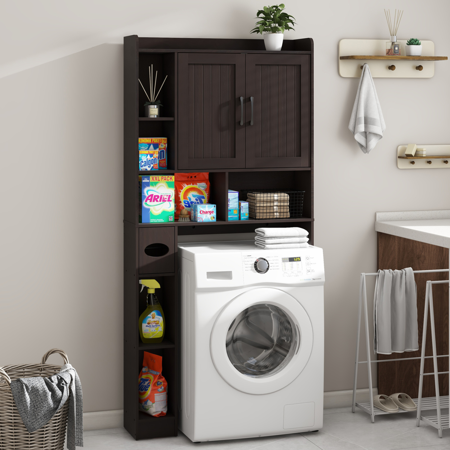 Over The Toilet Storage Cabinet, Farmhouse Storage Cabinet Over Toilet with 2 Barn Door & Toilet Paper Holder Stand，Home Space-Saving Toilet Rack, for Bathroom, Restroom, Laundry(Espresso)