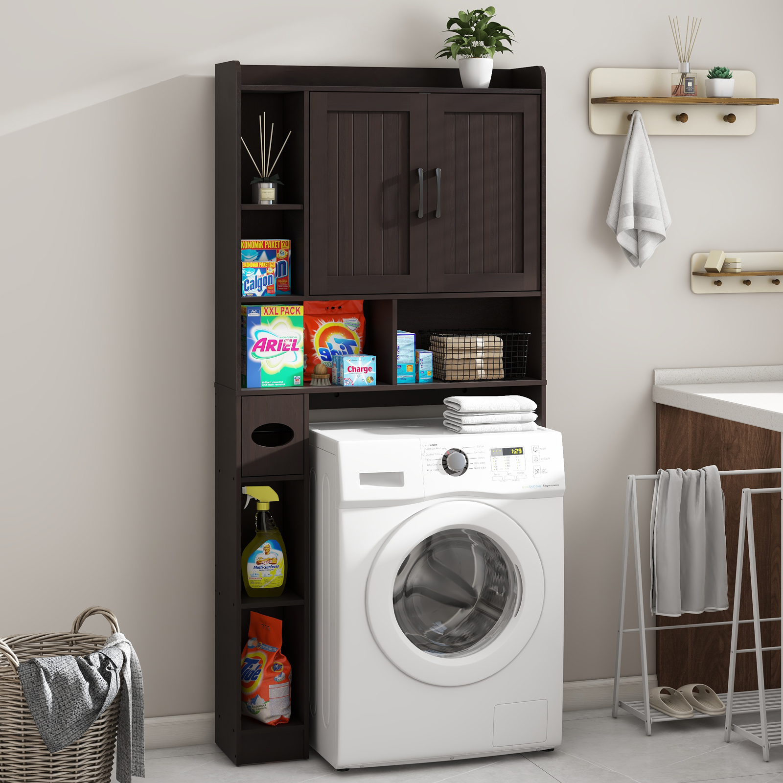 Over The Toilet Storage Cabinet, Farmhouse Storage Cabinet Over Toilet with 2 Barn Door & Toilet Paper Holder Stand，Home Space-Saving Toilet Rack, for Bathroom, Restroom, Laundry(Espresso)