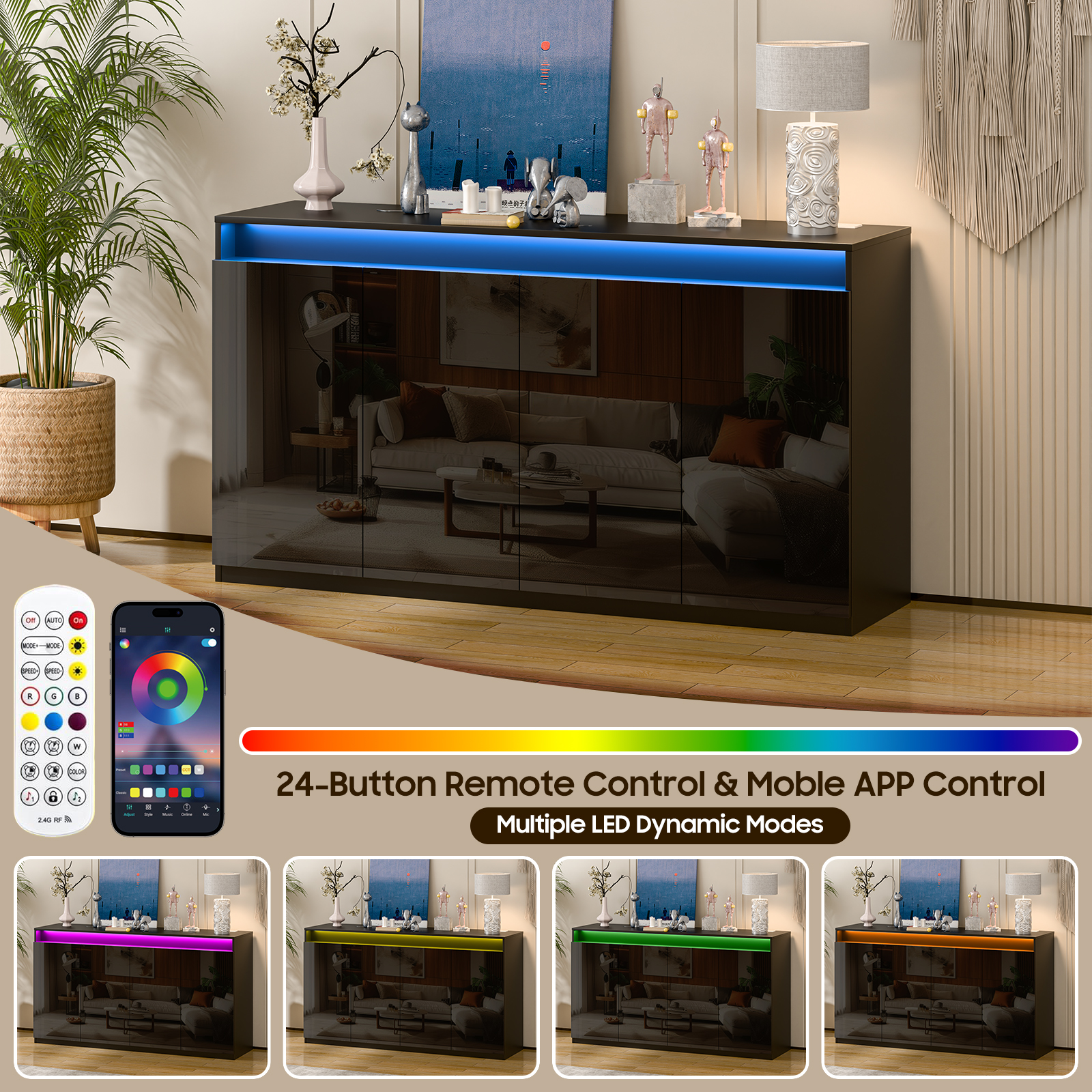 57" Kitchen Buffet Cabinet with Power Outlets - Pantry Storage Cabinet with LED Lights, Sideboard Cabinet Kitchen Storage Cabinets with 4 High Gloss Doors for Kitchen, Bathroom, Black.