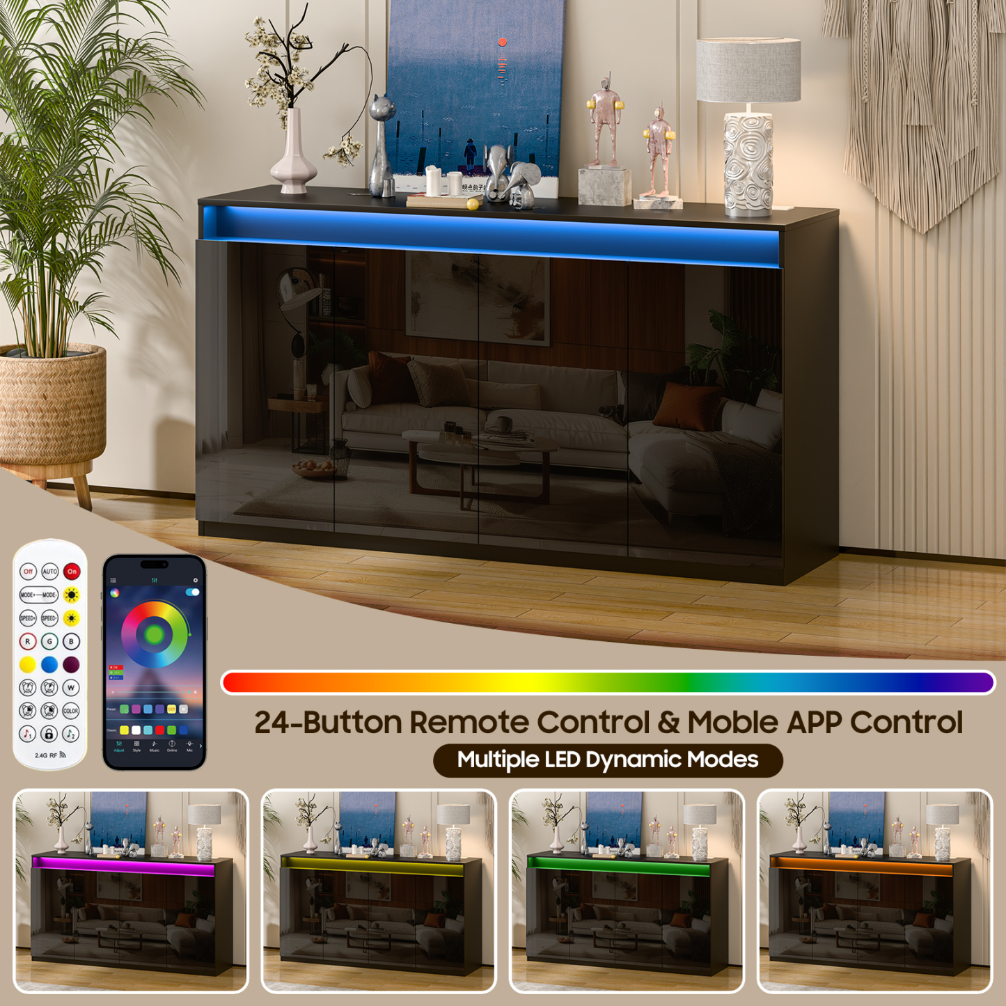 57" Kitchen Buffet Cabinet with Power Outlets - Pantry Storage Cabinet with LED Lights, Sideboard Cabinet Kitchen Storage Cabinets with 4 High Gloss Doors for Kitchen, Bathroom, Black.