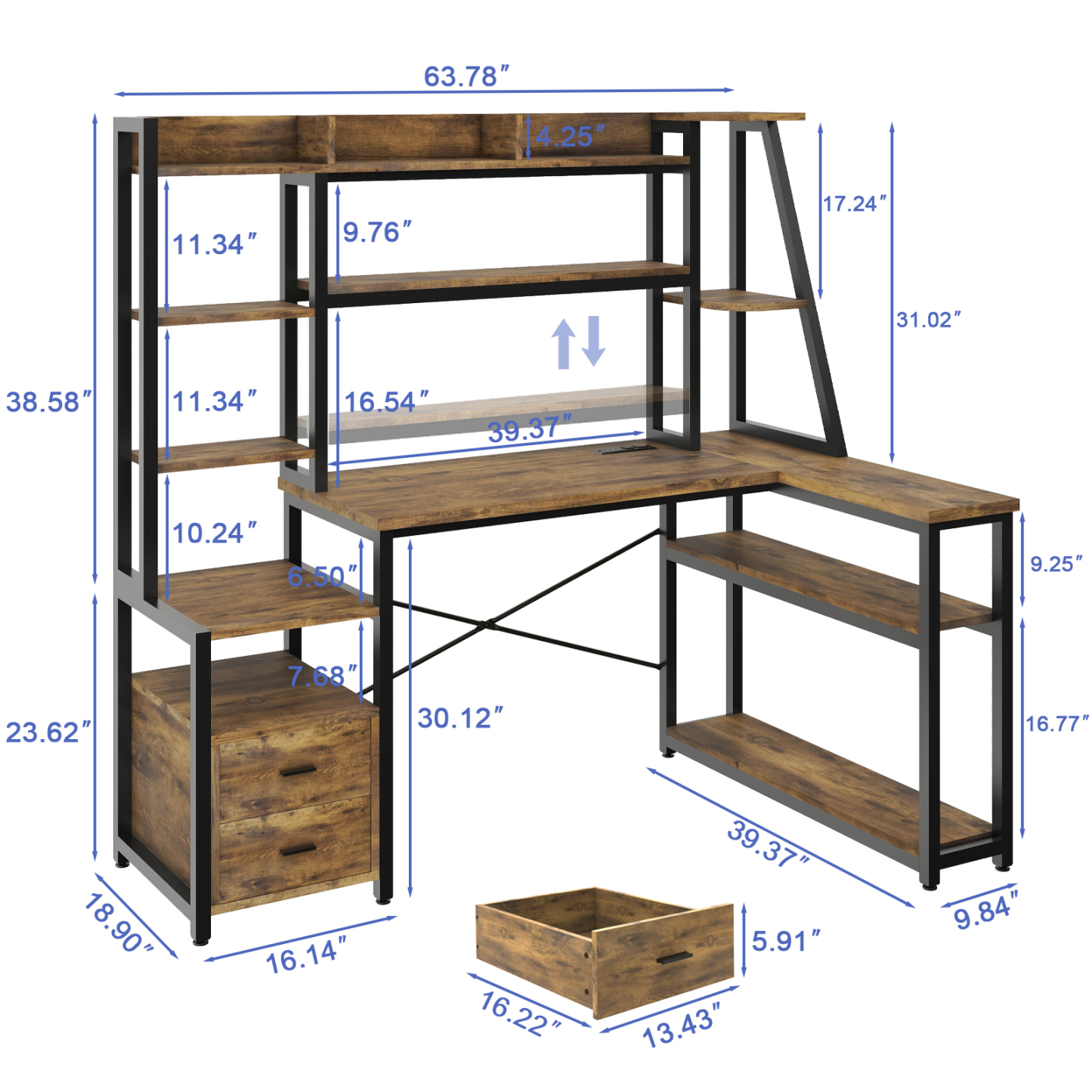 Vabches L Shape Computer Desk with LED Lights and Power Outlets, L Shaped Gaming Desk with 2 Drawers Hutch Monitor Stand