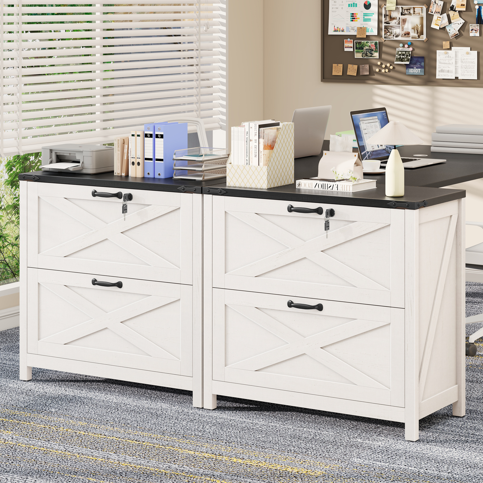 Halitaa Lateral File Cabinet with 2 Large Drawers, Farmhouse File Cabinet with Lock for Letter/Legal/A4 Size Hanging Files, Wood File Storage Cabinets Printer Stand for Home Office Cabinets