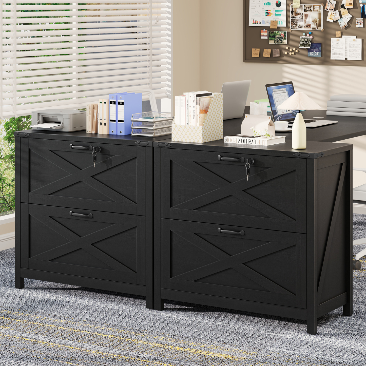 Halitaa Lateral File Cabinet with 2 Large Drawers, Farmhouse File Cabinet with Lock for Letter/Legal/A4 Size Hanging Files, Wood File Storage Cabinets Printer Stand for Home Office Cabinets