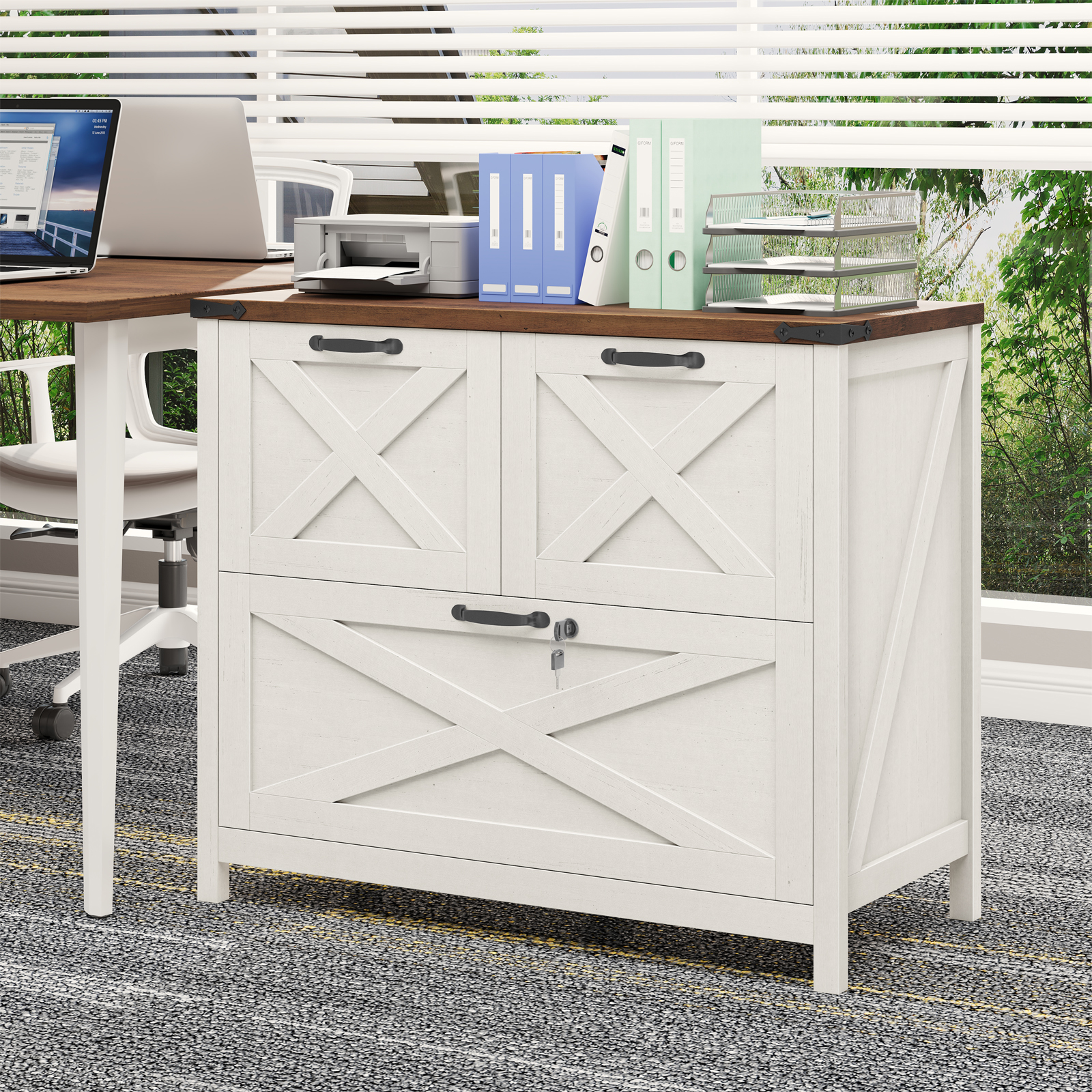 Halitaa Lateral File Cabinet with 3 Drawers, Farmhouse File Cabinet with Lock for Letter/Legal/A4 Size Hanging Files, Wood File Storage Cabinets Printer Stand for Home Office Cabinets, Rustic White and Brown