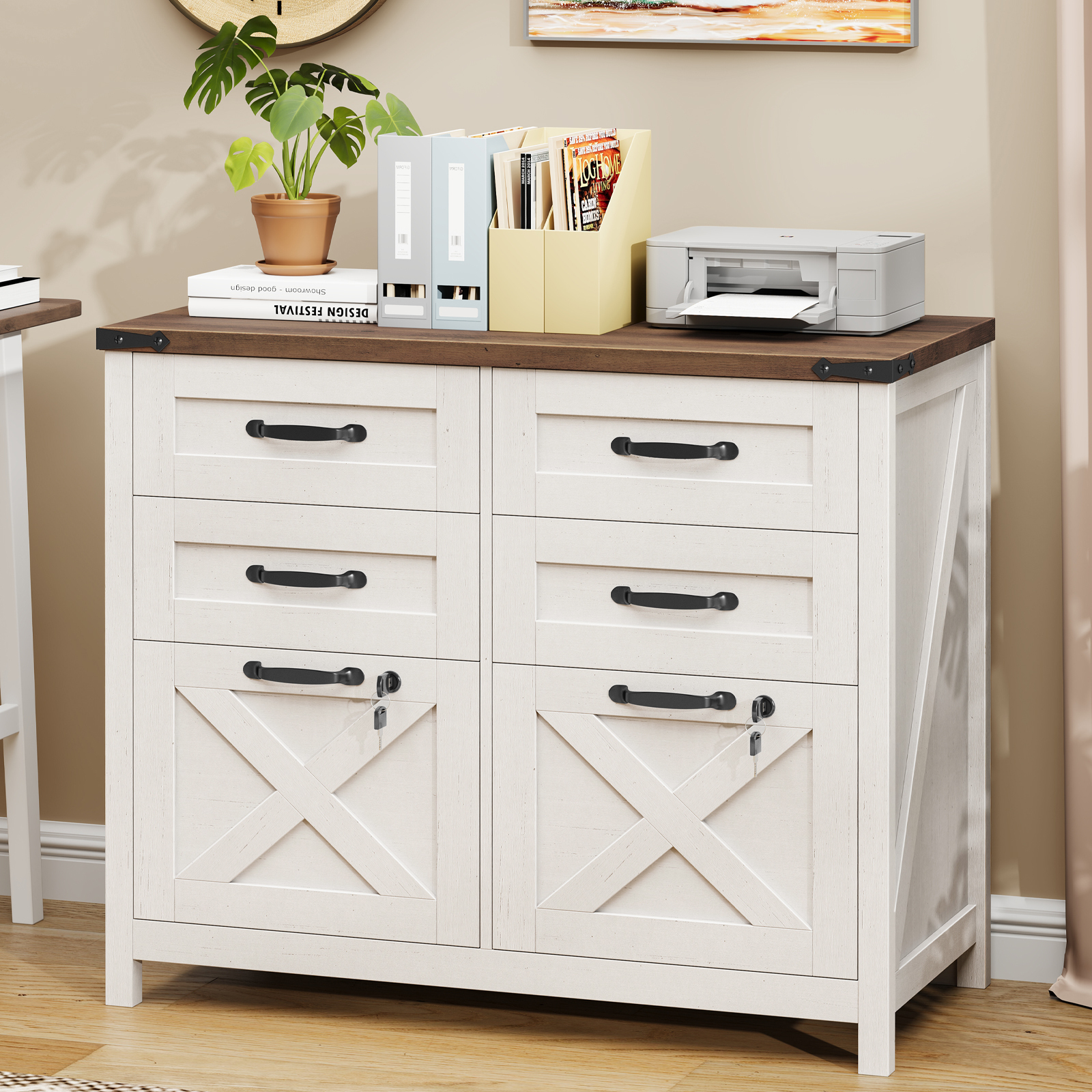 Halitaa Lateral File Cabinet with 6 Drawers, Farmhouse File Cabinet with Lock for Letter/A4 Size Hanging Files, Wood File Storage Cabinets Printer Stand for Home Office Cabinets, Rustic White and Brown