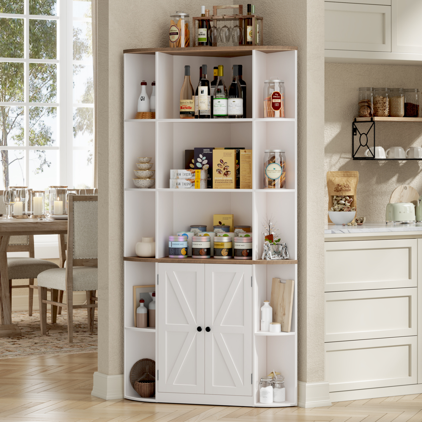 Halitaa Halitaa Corner Storage Cabinet, 67” Tall Corner Bookshelf with Barn Doors and Adjustable Shelf, Farmhouse Storage Shelf with Bottom Cabinet for Study, Living Room and Bedroom