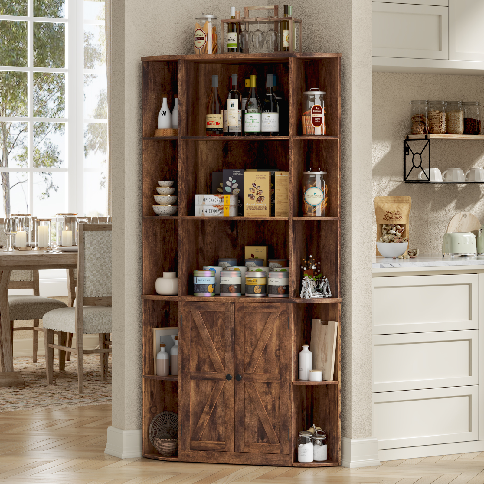 Halitaa Halitaa Corner Storage Cabinet, 67” Tall Corner Bookshelf with Barn Doors and Adjustable Shelf, Farmhouse Storage Shelf with Bottom Cabinet for Study, Living Room and Bedroom