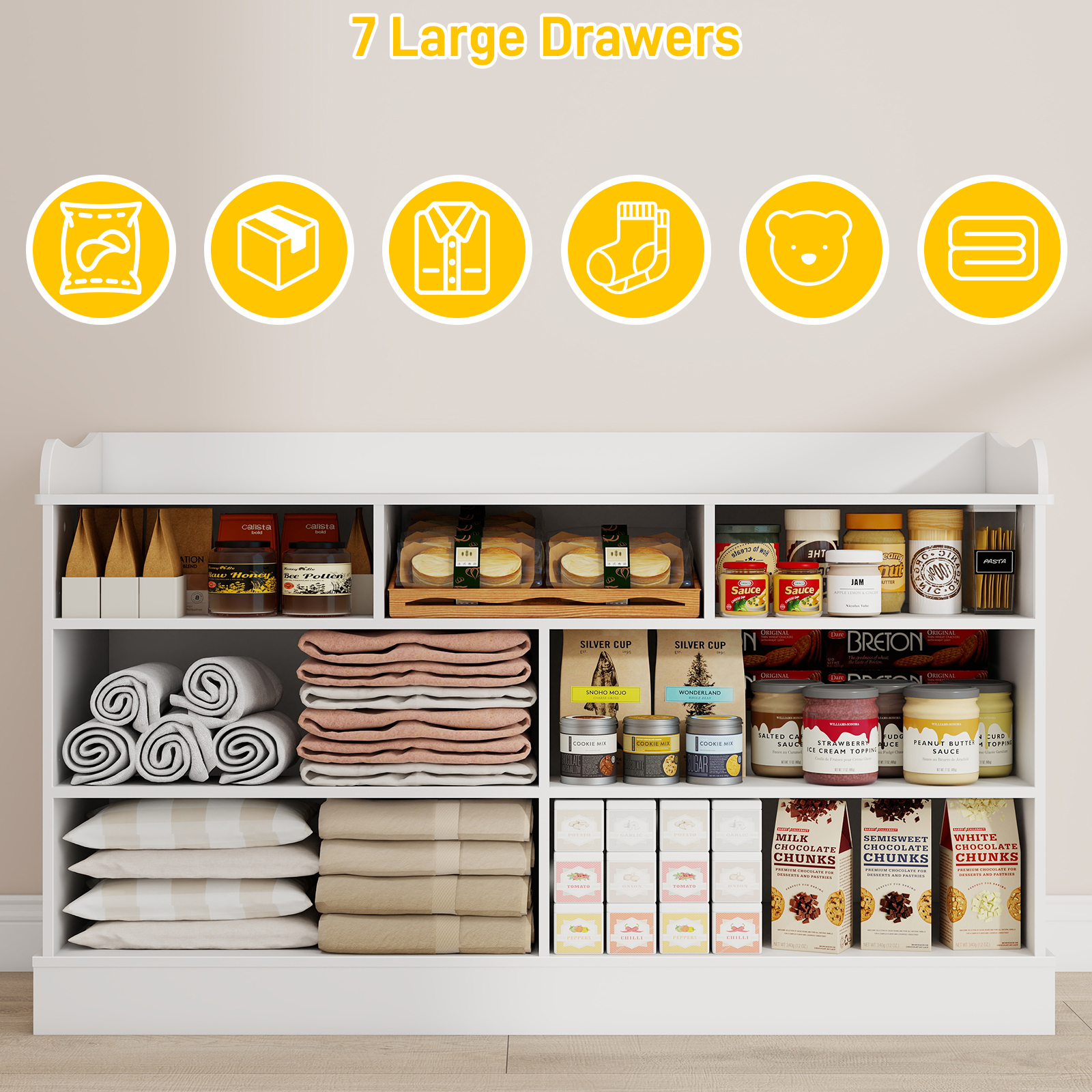 Vabches Kids Dresser Cabinet with 7 Drawers, Changing Table for Nursery, White Chest of Drawers, Baby Dresser, Kids Bedroom Furniture, Nightstand for Child’s Room, White