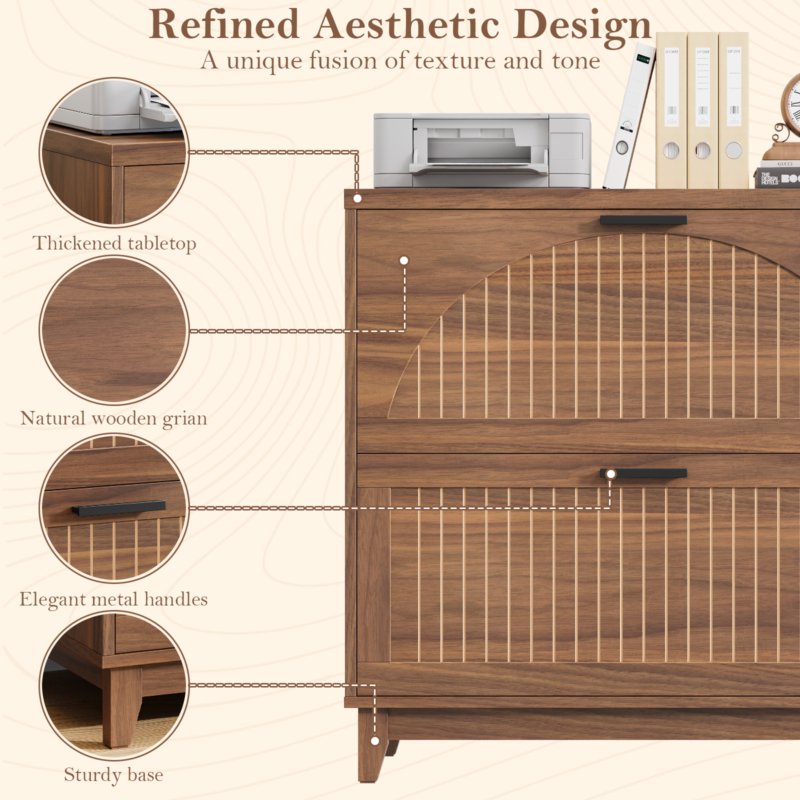 Halitaa Lateral File Cabinet 2 Drawer File Cabinet with Charging Station for Legal/Letter/A4 Size Hanging Files, Large Modern Fluted File Storage Cabinets Printer Stand for Home Office, Walnut