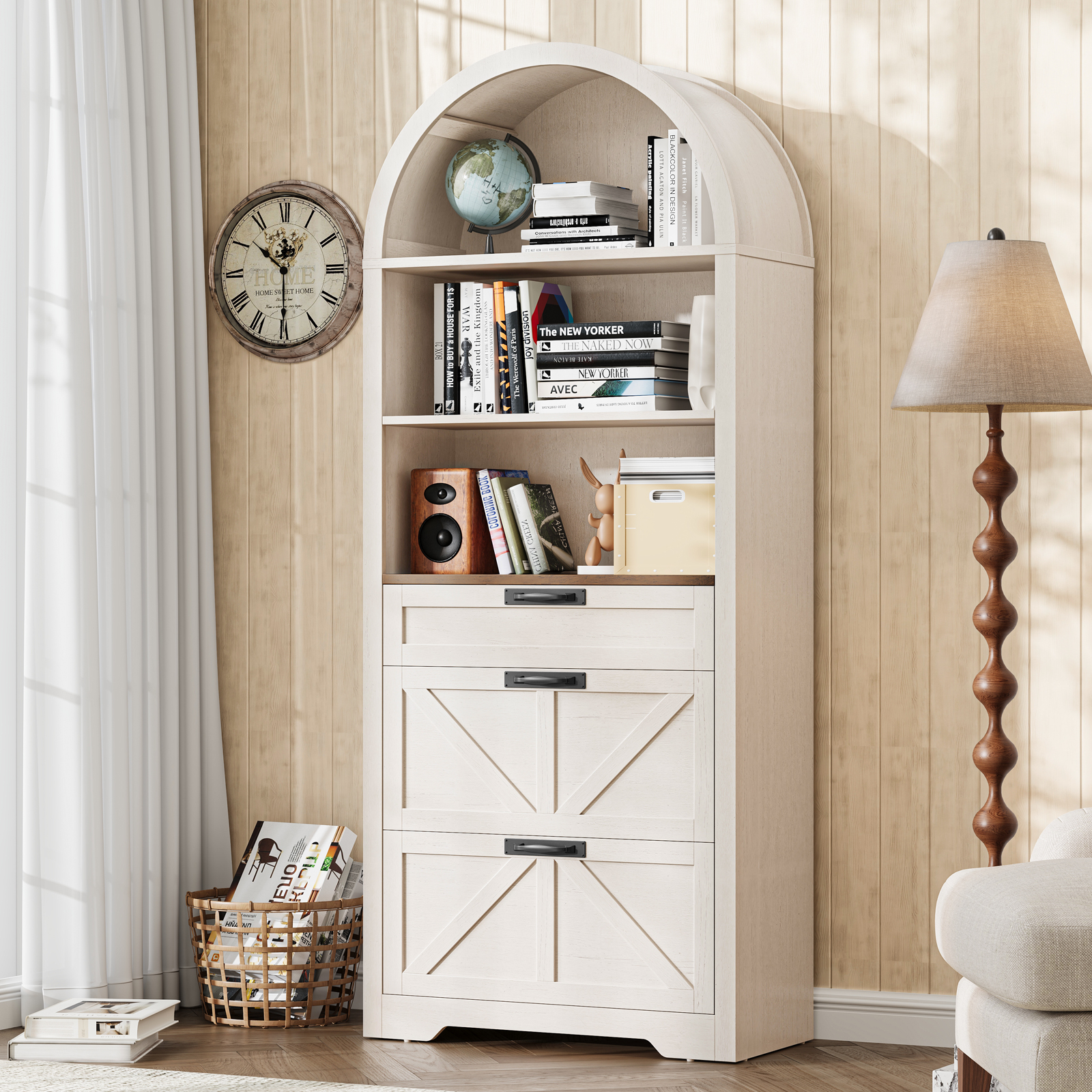 Arched Farmhouse File Cabinet with 2 Drawers for Legal, Letter, and A4 Size Hanging Files, Large Wooden File Cabinet for Home Office with Printer Stand and Bookshelf