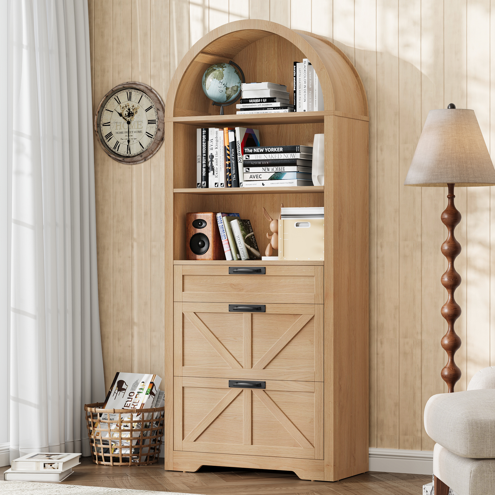 Arched Farmhouse File Cabinet with 2 Drawers for Legal, Letter, and A4 Size Hanging Files, Large Wooden File Cabinet for Home Office with Printer Stand and Bookshelf