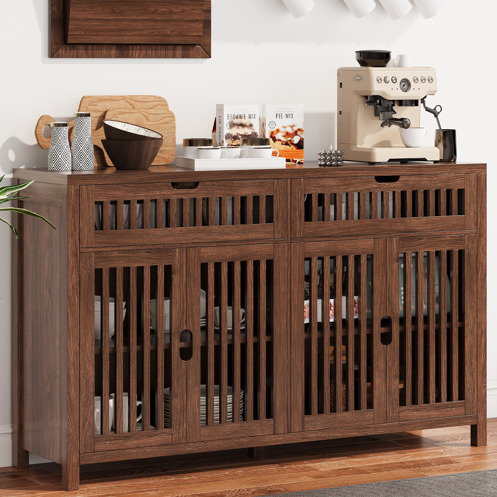 Vabches Storage Cabinet with Drawers, 55" Large Buffets & Sideboards with Adjustable Shelves and Doors, Multifunctional Kitchen Pantry Cabinet Coffee Bar Station for Dining Room, Living Room, Brown