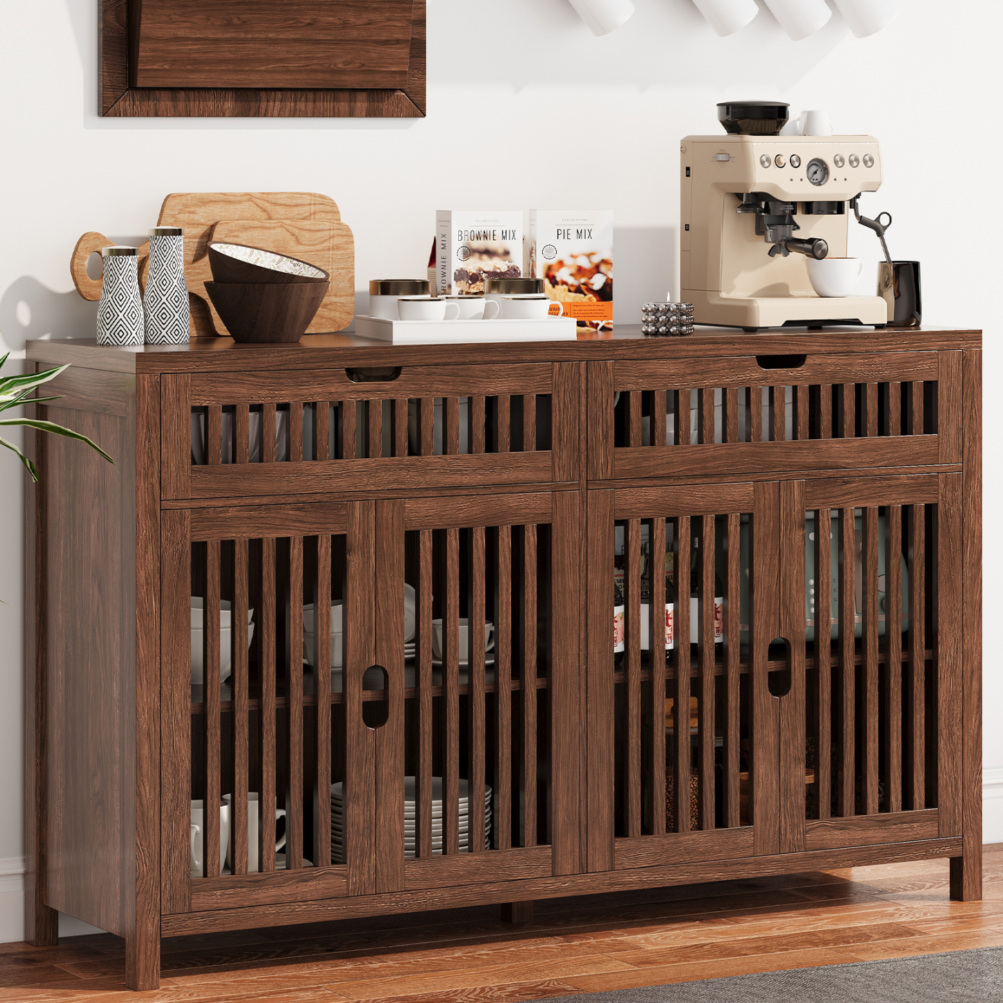 Vabches Storage Cabinet with Drawers, 55" Large Buffets & Sideboards with Adjustable Shelves and Doors, Multifunctional Kitchen Pantry Cabinet Coffee Bar Station for Dining Room, Living Room, Brown
