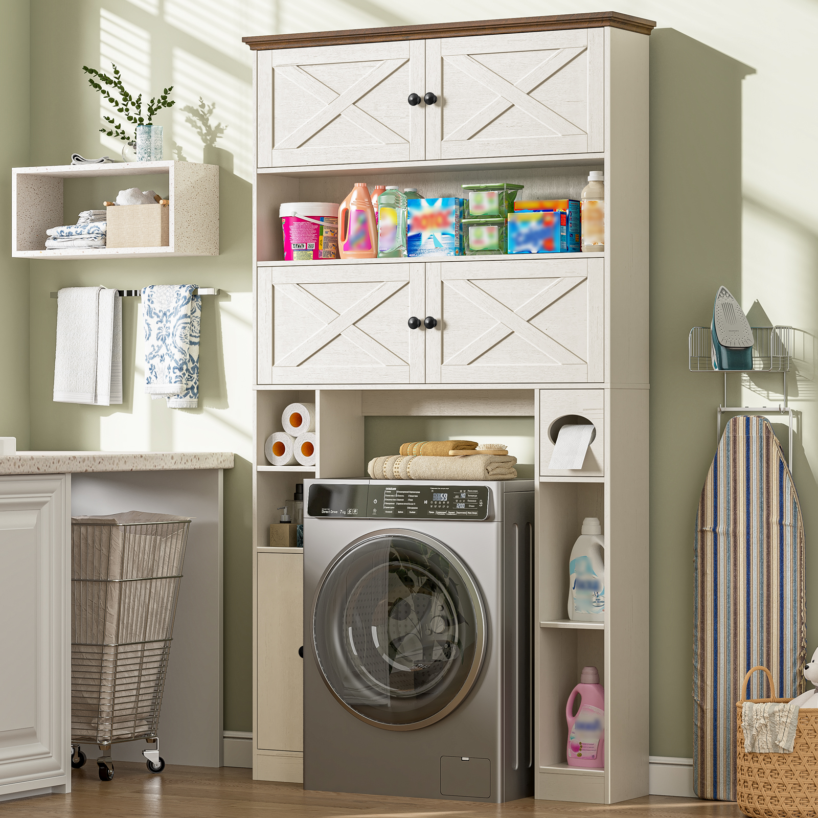 Over The Toilet Storage Cabinet, Farmhouse Storage Over Toilet with 4 Barn Doors & Adjustable Shelf, Space Saving Bathroom Organizer with Toilet Paper Holder Stand for Restroom, Bathroom, Laundry