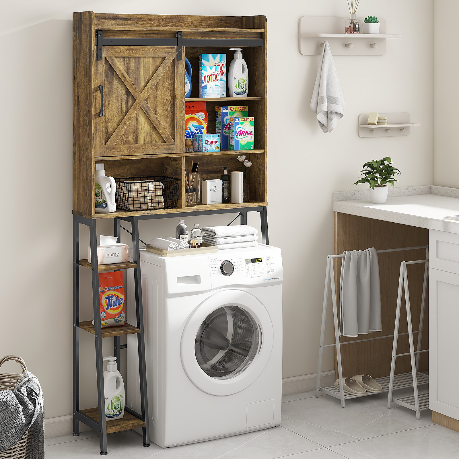 Vabches Over The Toilet Storage Cabinet with Sliding Door and Integrated Toilet Paper Holder, Ideal for Bathrooms, Restrooms, and Laundry Rooms.