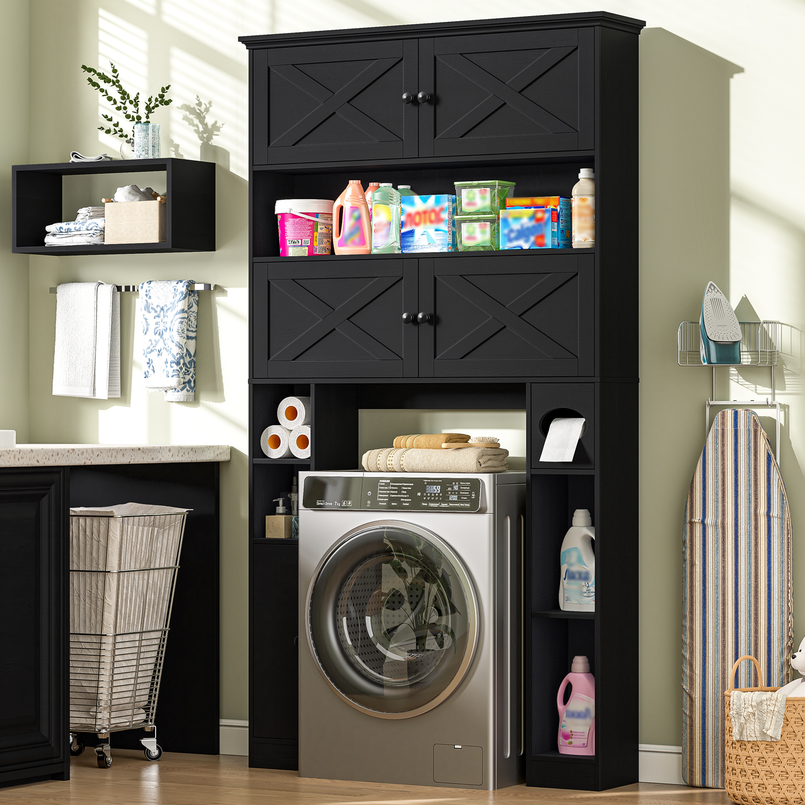 Over The Toilet Storage Cabinet, Farmhouse Storage Over Toilet with 4 Barn Doors & Adjustable Shelf, Space Saving Bathroom Organizer with Toilet Paper Holder Stand for Restroom, Bathroom, Laundry