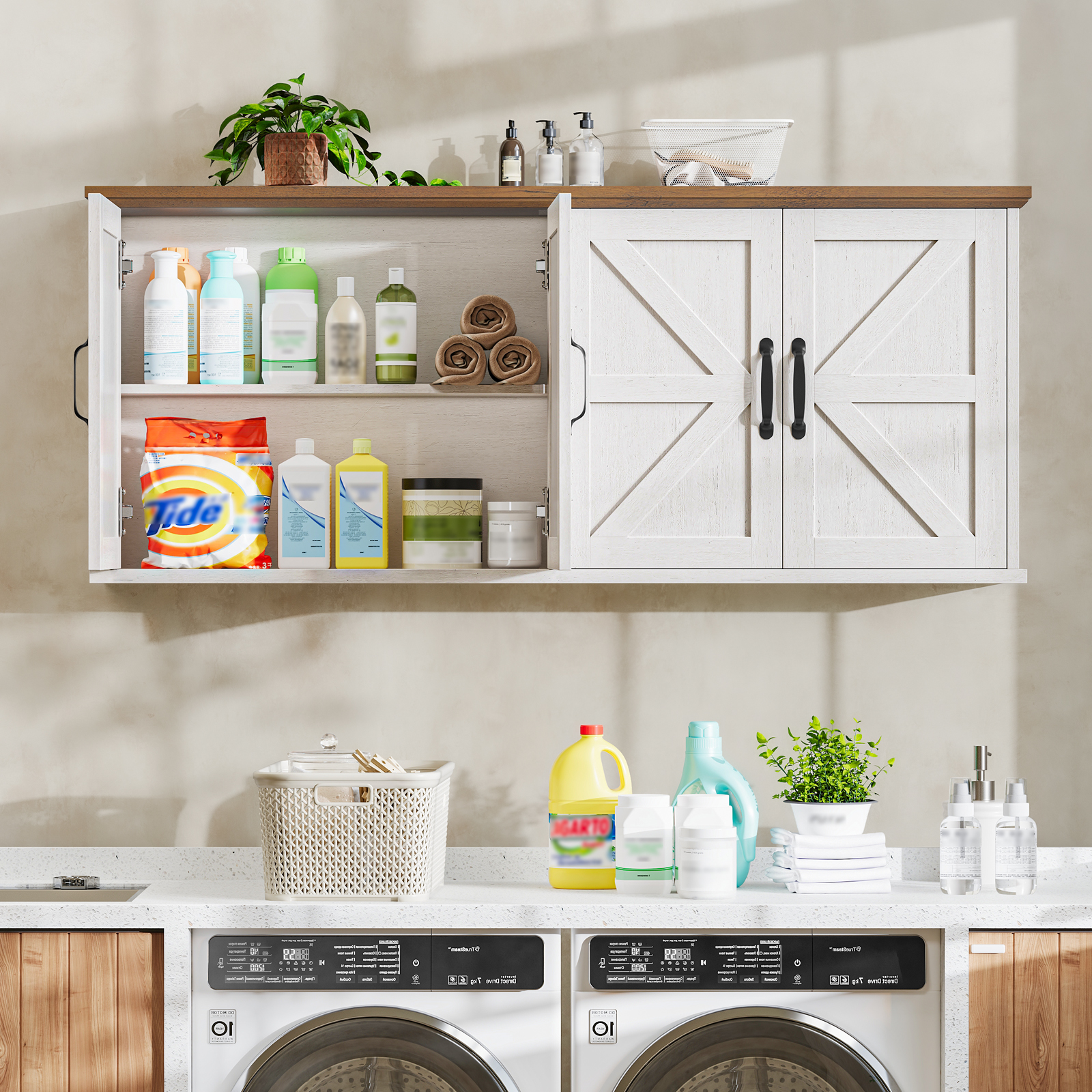 47" Laundry Room Cabinets and Storage with 4 Doors and Utility Adjustable Shelf, Large Wall Mounted Storage Cabinet, Upper Kitchen Cabinet for Laundry, Bathroom, and Kitchen, White and Brown