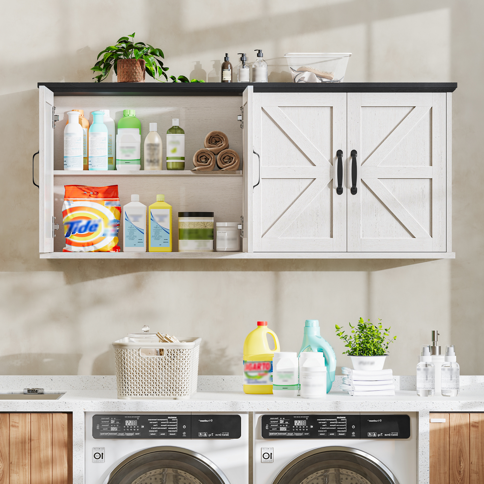 47" Laundry Room Cabinets and Storage with 4 Doors and Utility Adjustable Shelf, Large Wall Mounted Storage Cabinet, Upper Kitchen Cabinet for Laundry, Bathroom, and Kitchen, White and Brown