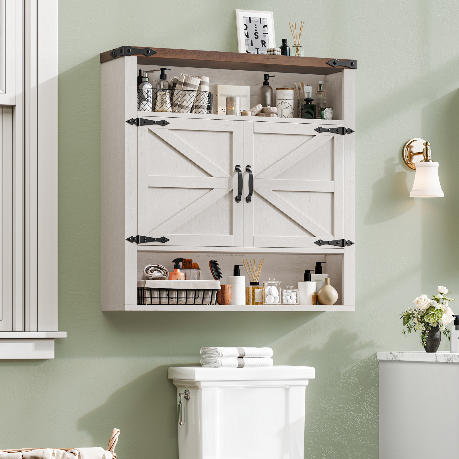 Halitaa Bathroom Wall Cabinet, Farmhouse Medicine Cabinet with Adjustable Shelves and 2 Barn Doors, Wall Mounted Over the Toilet Storage Cabinet for Bathroom, Laundry Room, Kitchen