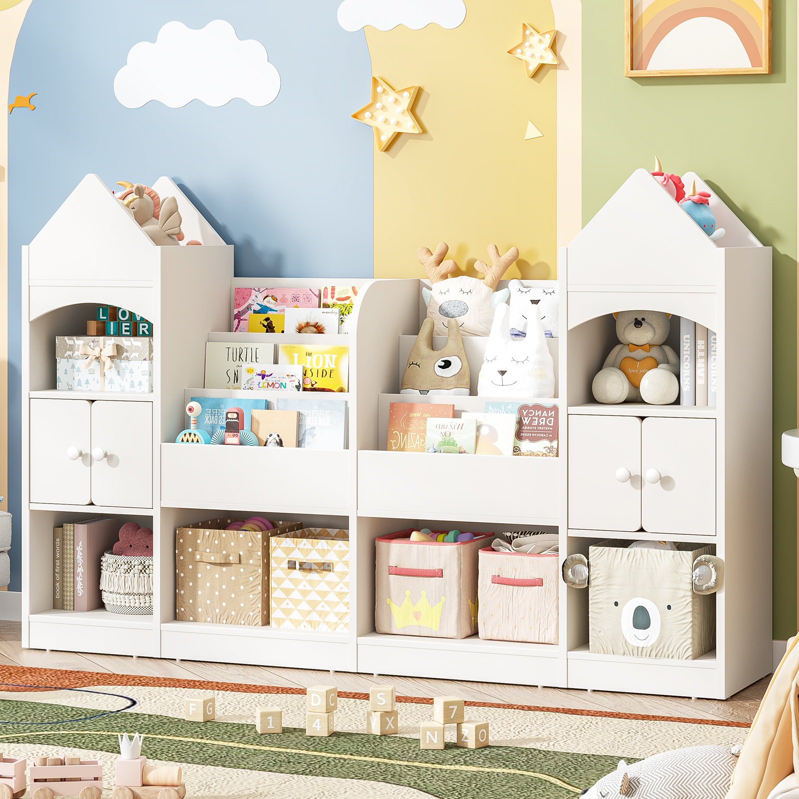 Vabkids Castle Shape Children's Bookshelf, Kids Bookcase Display Case Kids Toy Storage Organizer Multifunctional Storage Cabinet Bookshelf Suitable for Playroom, Children's Room, Living Room, White