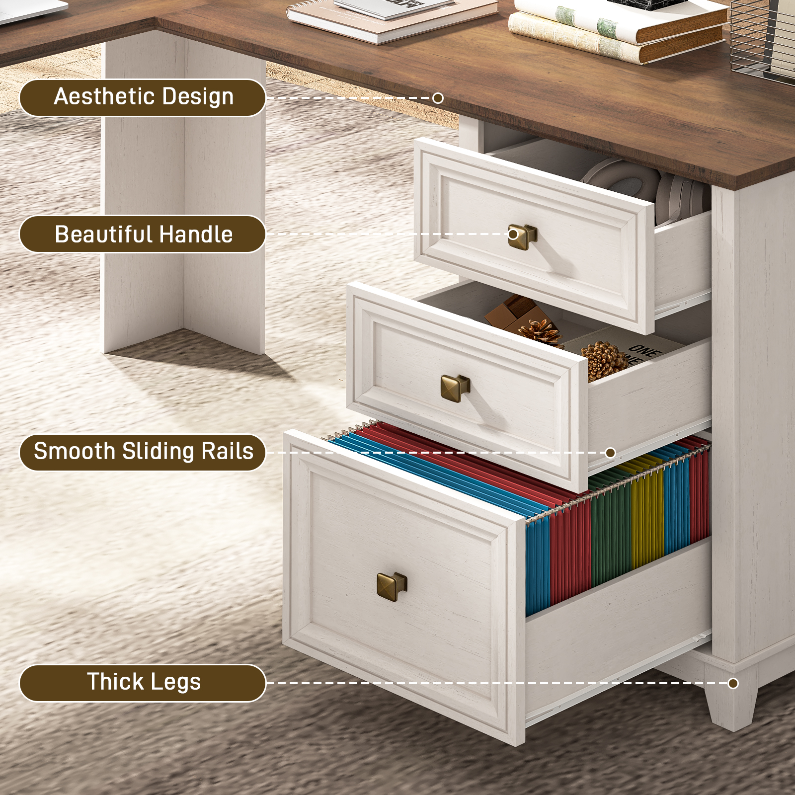 Halitaa 59'' Farmhouse L Shaped Desk with 6 Drawers, Large Rustic L Shaped Executive Desk with File Cabinet, Wood Writing Corner Computer Desk with Storage for Home Office, Work, Study, White and Brown