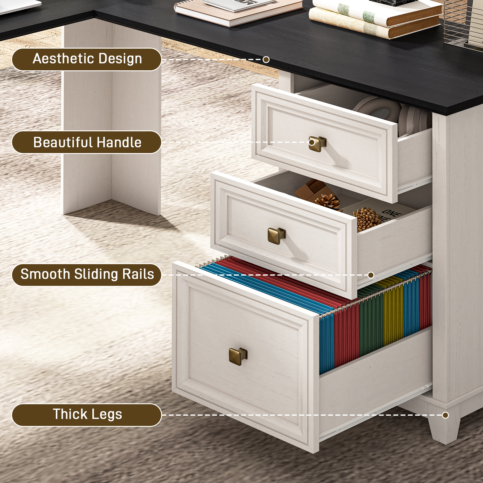 Halitaa 59'' Farmhouse L Shaped Desk with 6 Drawers, Large Rustic L Shaped Executive Desk with File Cabinet, Wood Writing Corner Computer Desk with Storage for Home Office, Work, Study, White and Brown