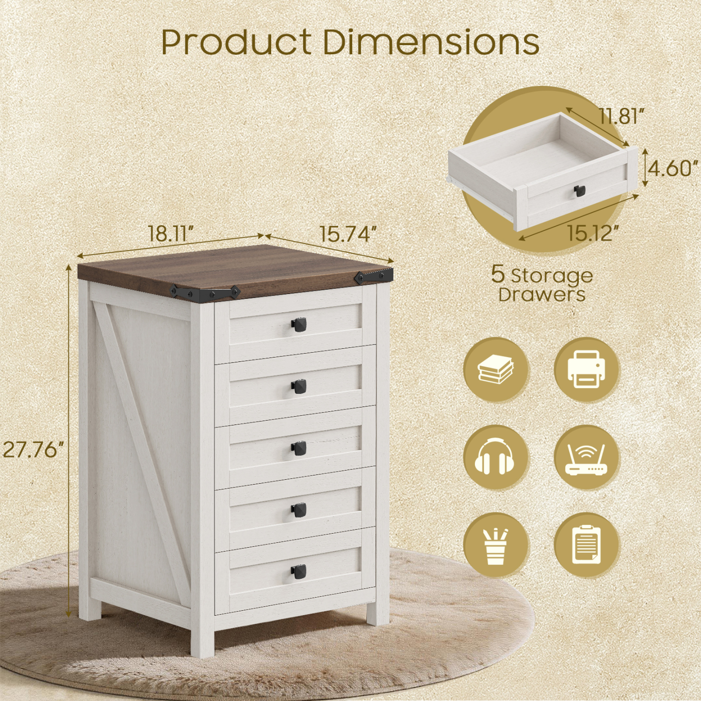 Halitaa 5 Drawer Storage Cabinet, Office Storage Cabinet with 5 Drawers, Small Farmhouse Printer Stand for Home Office