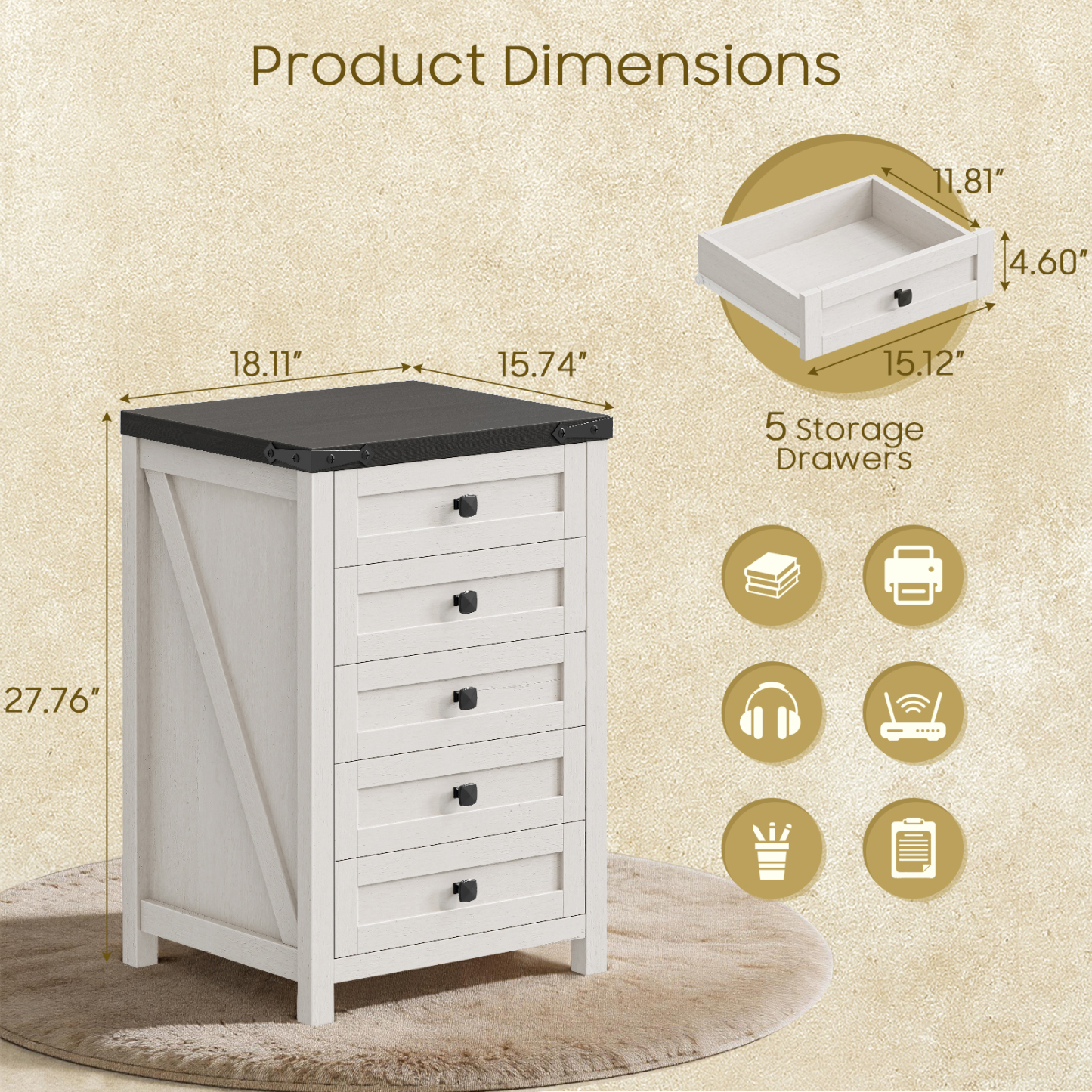 Halitaa 5 Drawer Storage Cabinet, Office Storage Cabinet with 5 Drawers, Small Farmhouse Printer Stand for Home Office