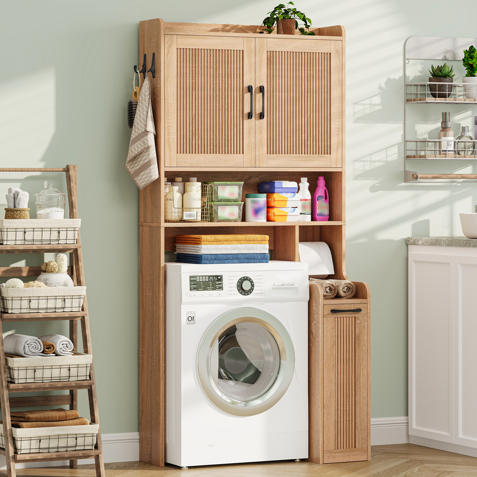 Halitaa Over The Toilet Storage Cabinet with Pulley, Space Saver Fluted Bathroom Organizer with Open Shelves, Anti-Tipping, Toilet Paper Holder Stand Toilet Rack for Bathroom, Laundry（Natural）