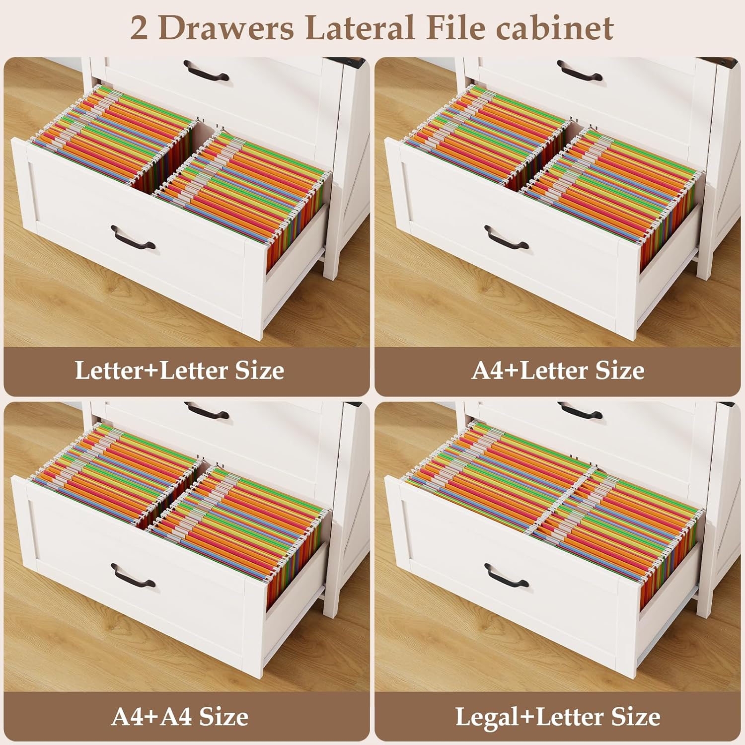File Cabinet 2 Drawers Lateral File Cabinet with Adjustable Shelf for Letter/Legal/A4 Size Hanging Files, Large Wood File Storage Cabinets Printer Stand for Home Office, Rustic White