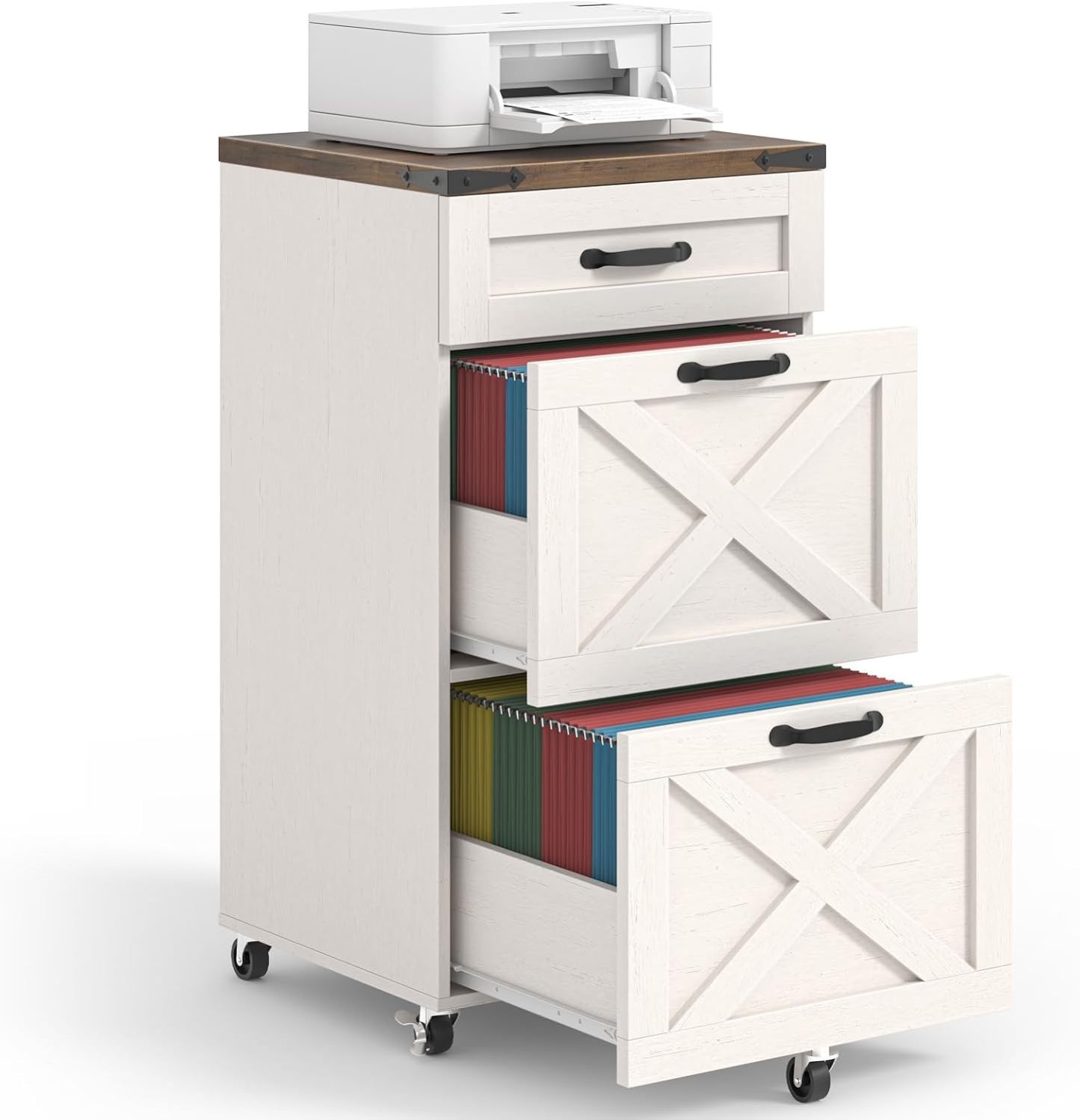 Halitaa 3 Drawers Tall Farmhouse File Cabinet with Wheels for Home Office, Black | Halitaa Vertical Filing Cabinet Fits Letter/A4 Size, Rolling File Cabinet Wooden Printer Stand for Home Office