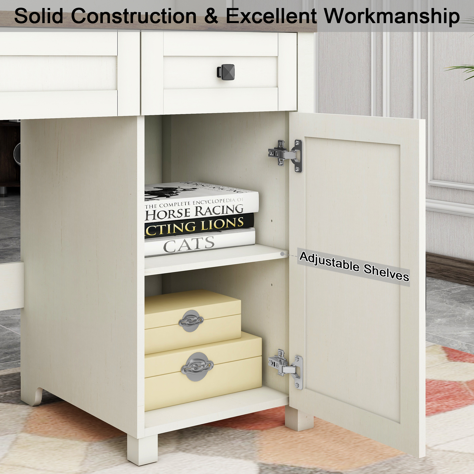 Farmhouse 47" Executive Desk, Computer Desk with Drawers and Storage Cabinet, Workstation Computer Desk with Hutch for Home Office