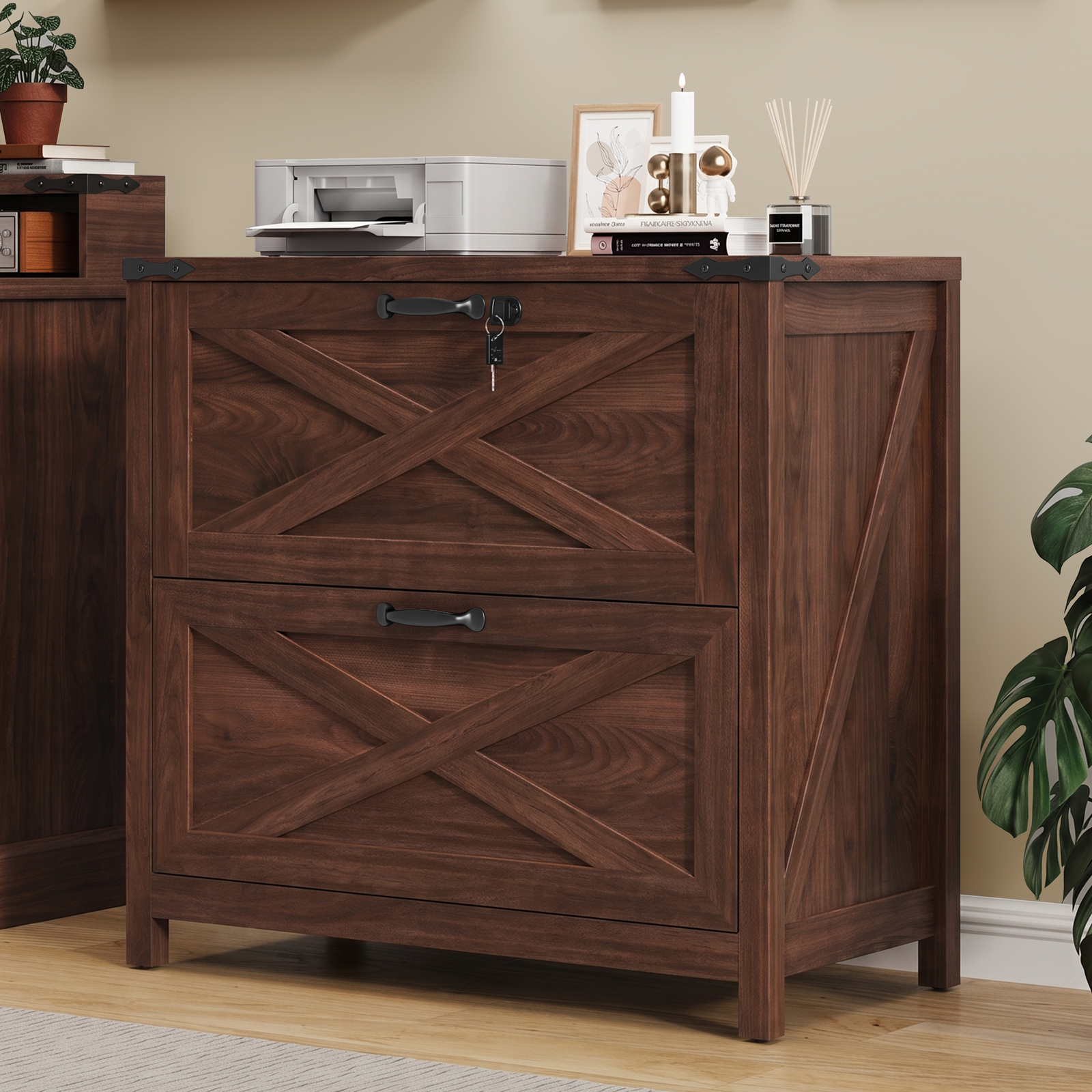 Halitaa Lateral File Cabinet with 2 Large Drawers, Farmhouse File Cabinet with Lock for Letter/Legal/A4 Size Hanging Files, Wood File Storage Cabinets Printer Stand for Home Office Cabinets