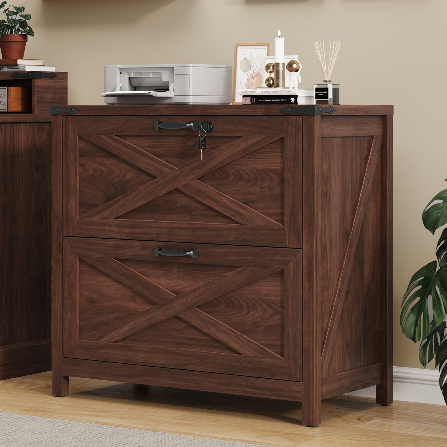 Halitaa Lateral File Cabinet with 2 Large Drawers, Farmhouse File Cabinet with Lock for Letter/Legal/A4 Size Hanging Files, Wood File Storage Cabinets Printer Stand for Home Office Cabinets
