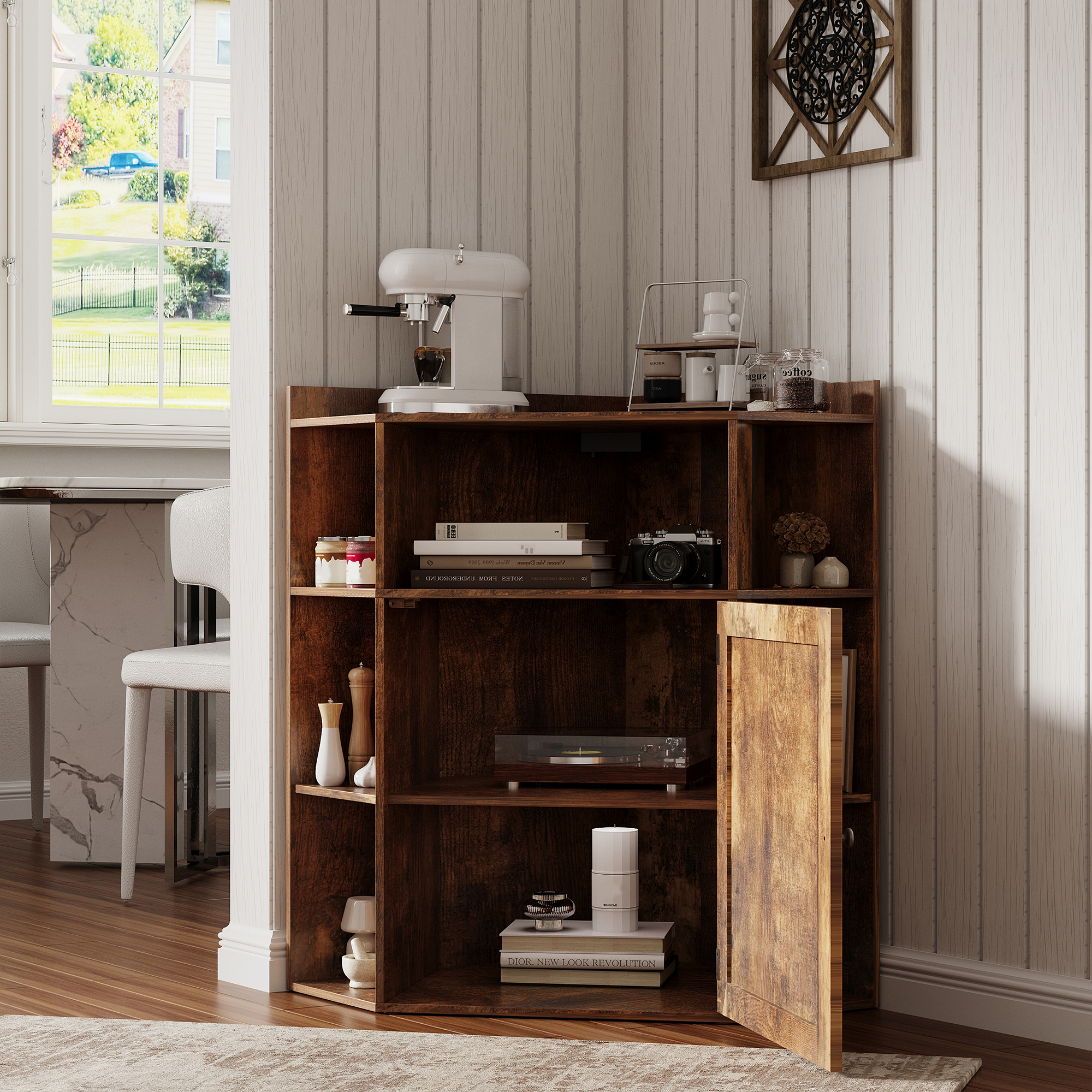 Corner Cabinet, Corner Storage Shelf with USB Ports and Outlets Industrial Organizer for Small Space Wooden 6-Cubby Bookshelf for Study, Playroom, Living Room (Amber Pine)