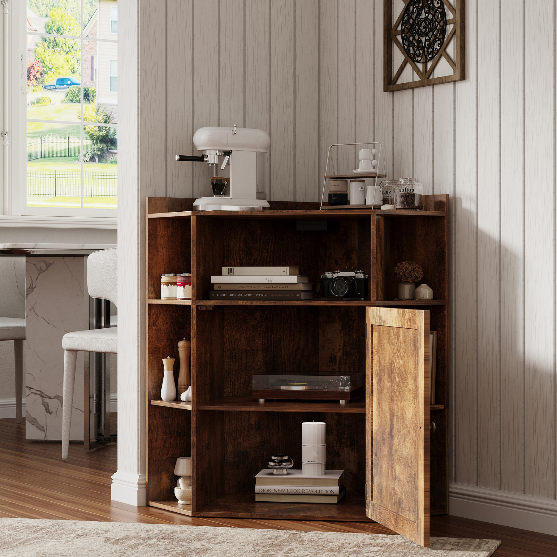 Corner Cabinet, Corner Storage Shelf with USB Ports and Outlets Industrial Organizer for Small Space Wooden 6-Cubby Bookshelf for Study, Playroom, Living Room (Amber Pine)