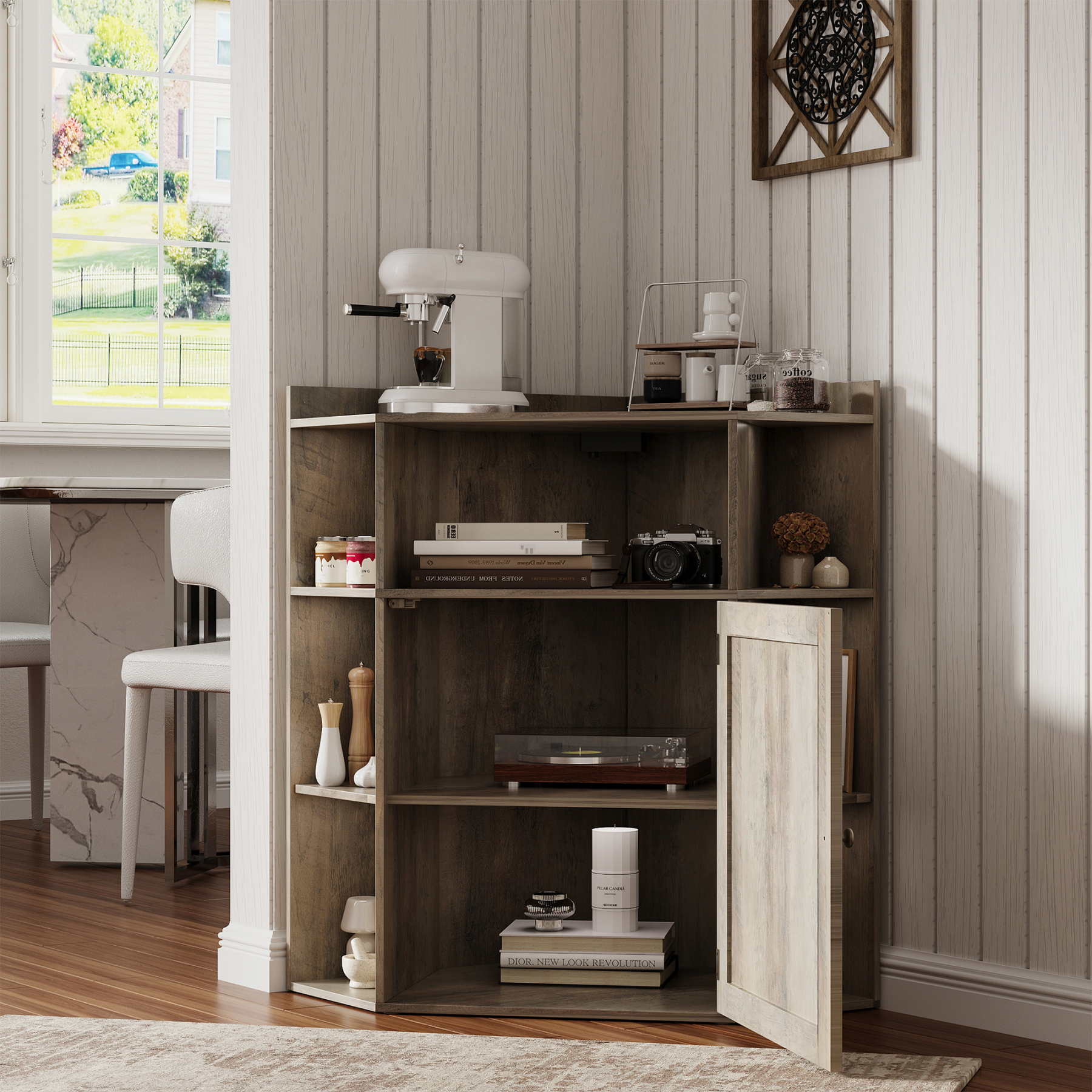 Vabches Corner Cabinet, Corner Storage Shelf with USB Ports and Outlets 6-Cubby Bookshelf