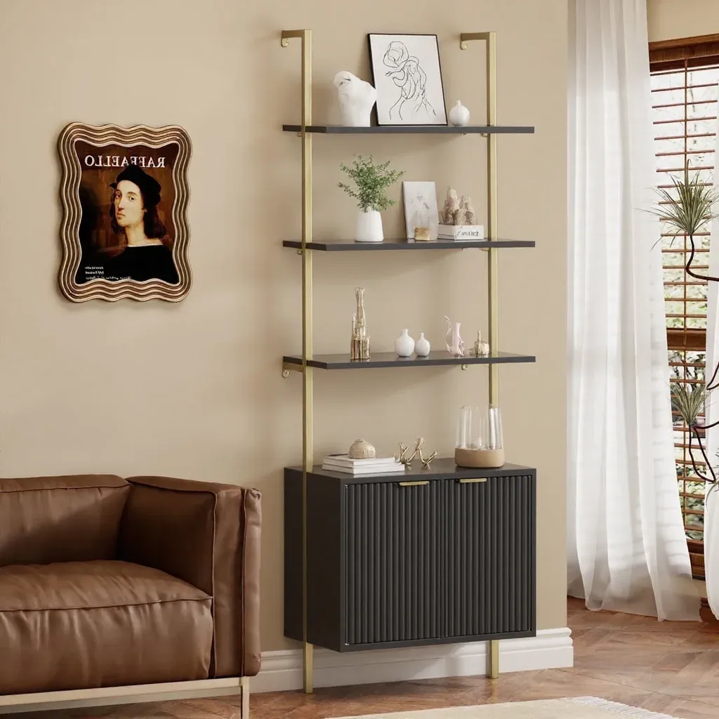 VEANERWOOD Fluted 5-Tier 71"H Industrial Bookshelf with Storage Cabinet & Sturdy Metal Frame,Narrow Bookcase for Living Room,Bedroom,Home Office, White