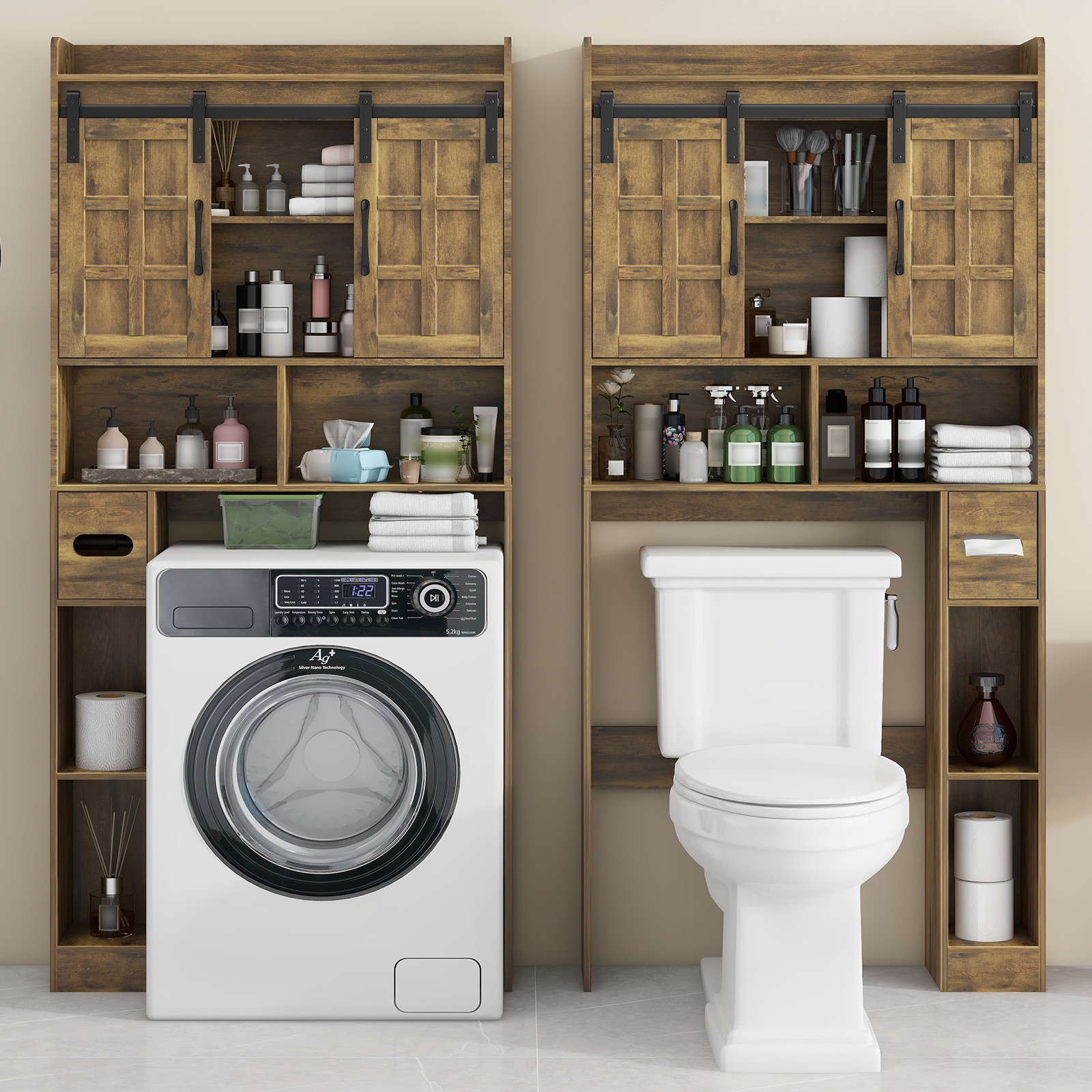 Halitaa Over The Toilet Storage Cabinet, Farmhouse Storage Cabinet Over Toilet with Sliding Doors，Home Space-Saving Toilet Rack, for Bathroom, Restroom, Laundry. Brown