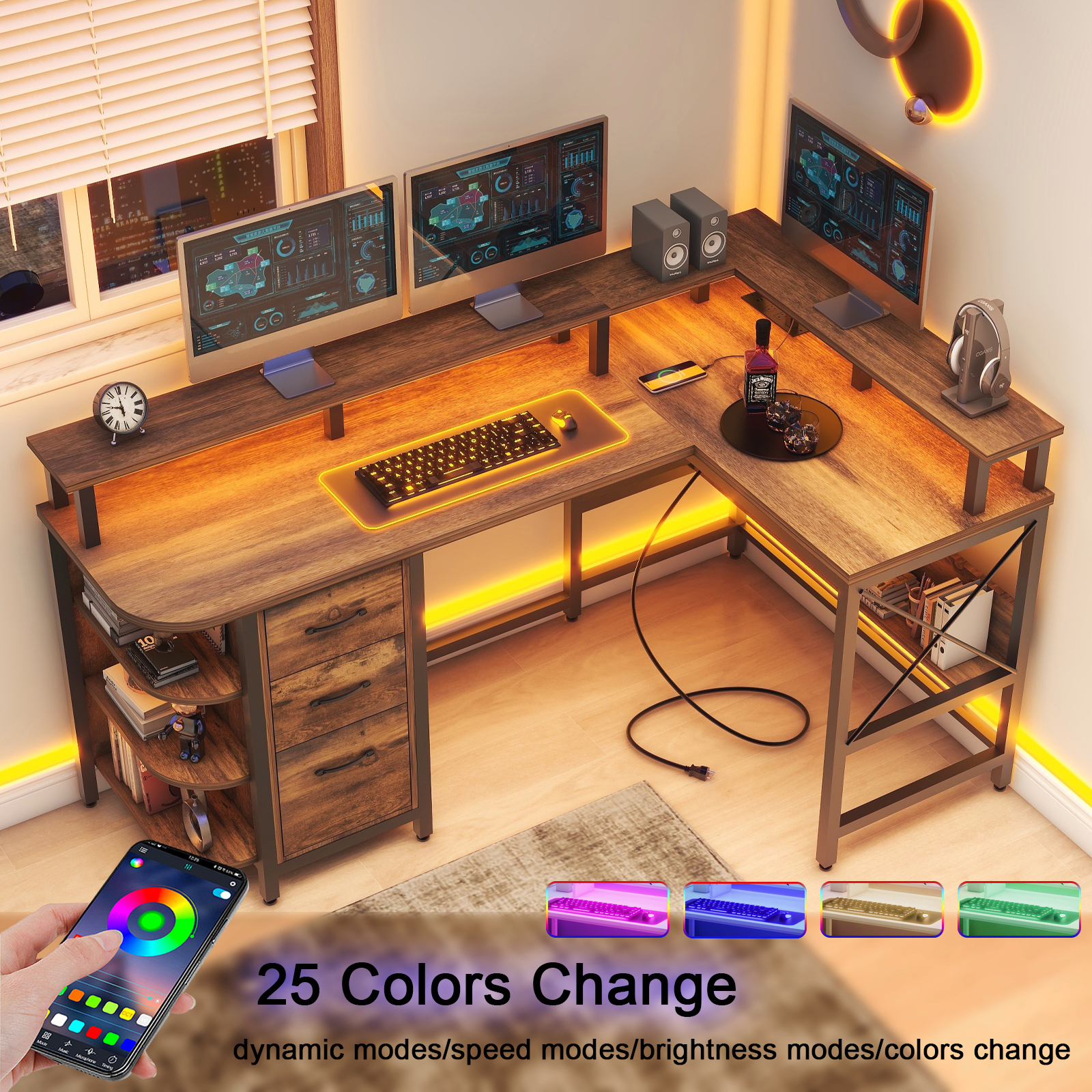 Vabches 67" L Shaped Computer Desk with LED Lights and Power Outlets, Reversible L Shaped Gaming Desk with 3 Drawers Hutch Monitor Stand
