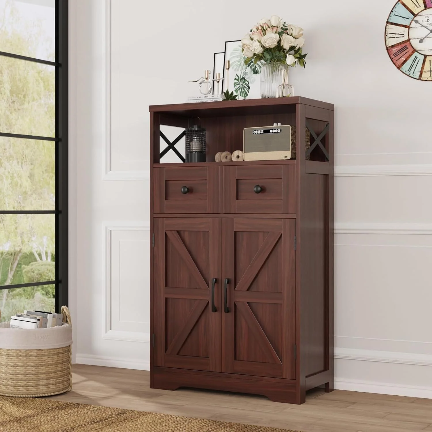 VEANERWOOD Farmhouse Storage Cabinet with Doors and Drawers, Freestand
