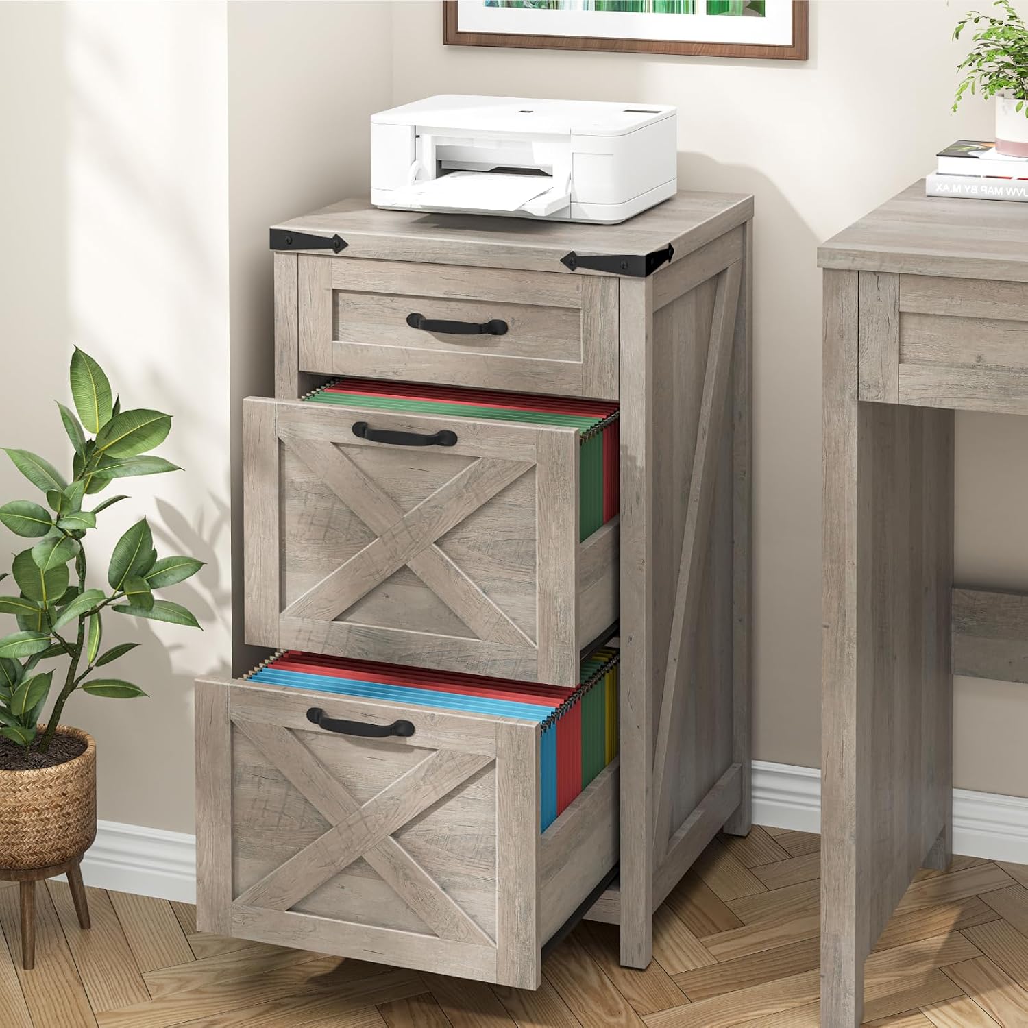 Farmhouse File Cabinet with 3 Drawers for Home Office, Rustic Grey | Halitaa Vertical Filing Cabinet Fits Letter/A4 Size, Wood File Cabinet Printer Stand for Living Room