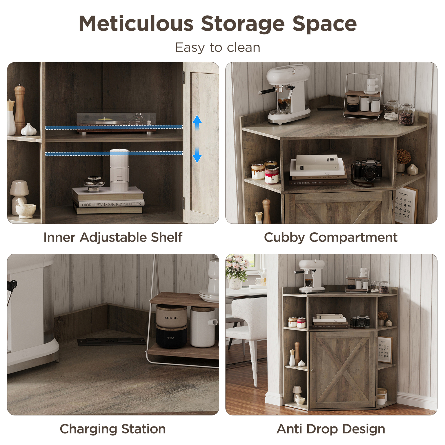 Vabches Corner Cabinet, Corner Storage Shelf with USB Ports and Outlets 6-Cubby Bookshelf