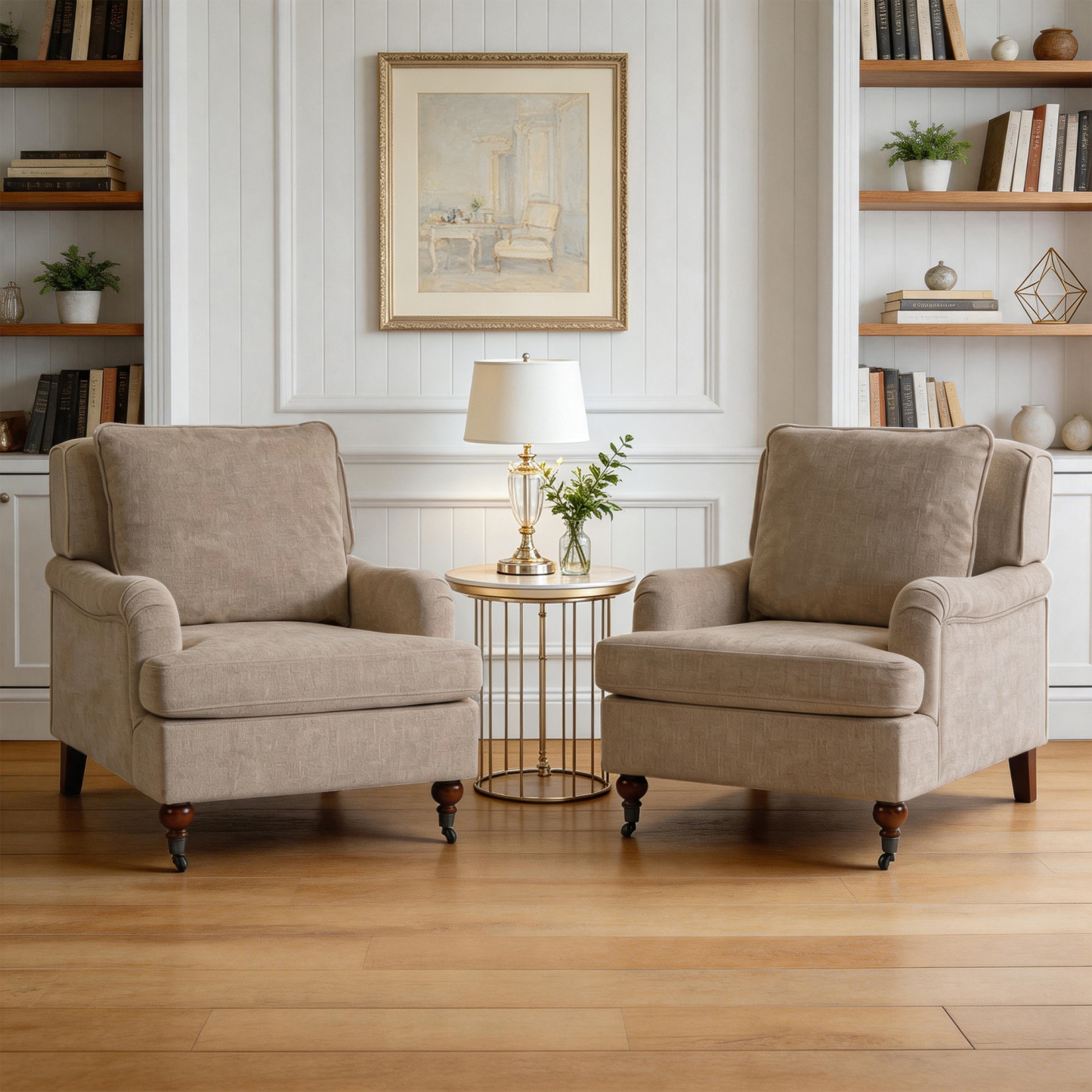 Conate Modern Accent Chair with Cushion, Cozy Chenille Reading Arm Chair with Wood Roller Legs for Living Room, Bedroom, Reading Nook, Beige
