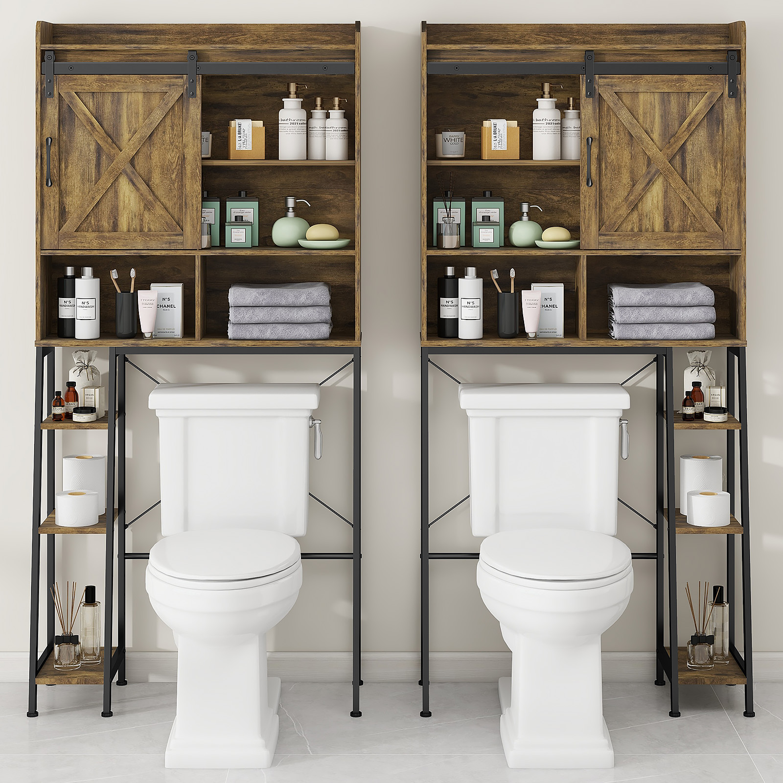 Vabches Over The Toilet Storage Cabinet with Sliding Door and Integrated Toilet Paper Holder, Ideal for Bathrooms, Restrooms, and Laundry Rooms.